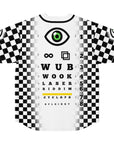Back of a black-and-white checkerboard EDM jersey with a vertical eye-chart parody in the center. The top features a large green cyclops eye icon followed by symbols (infinity sign and overlapping squares). Below it are stacked words decreasing in size: “WUB,” “WOOK,” “LASER,” “RIDDIM,” and a yellow-underlined “CYCLOPS,” ending with “SPLOINKY.” Checkerboard panels flank both sides and eye patches sit on each sleeve.
