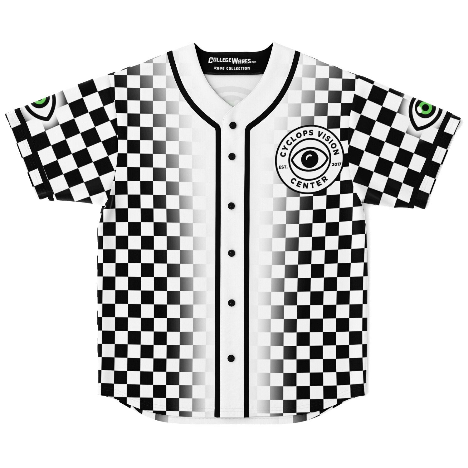 Front of a black-and-white checkerboard EDM baseball jersey with a gradient fade toward the center, featuring a circular “Cyclops Vision Center” crest on the left chest with a bold black single eye logo in the middle. Buttons run down the center with clean black piping. Sleeves include green-and-black single-eye patches on each arm. CollegeWares Rave Collection tag visible inside collar.