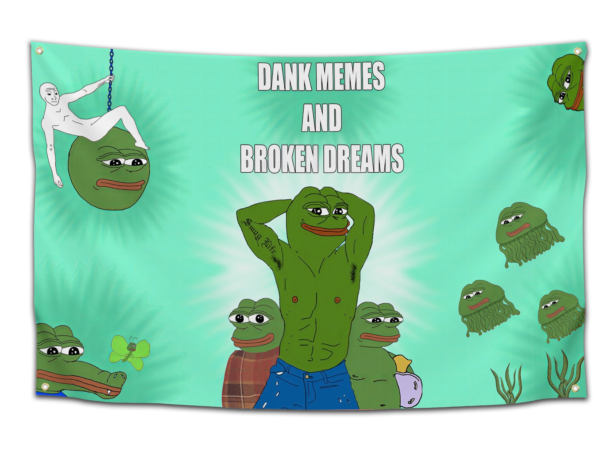 Funny “Dank Memes and Broken Dreams” flag with surreal Pepe-style meme art, muscular cartoon frog center, various meme faces around aqua-green background — ironic dorm wall flag by CollegeWares.