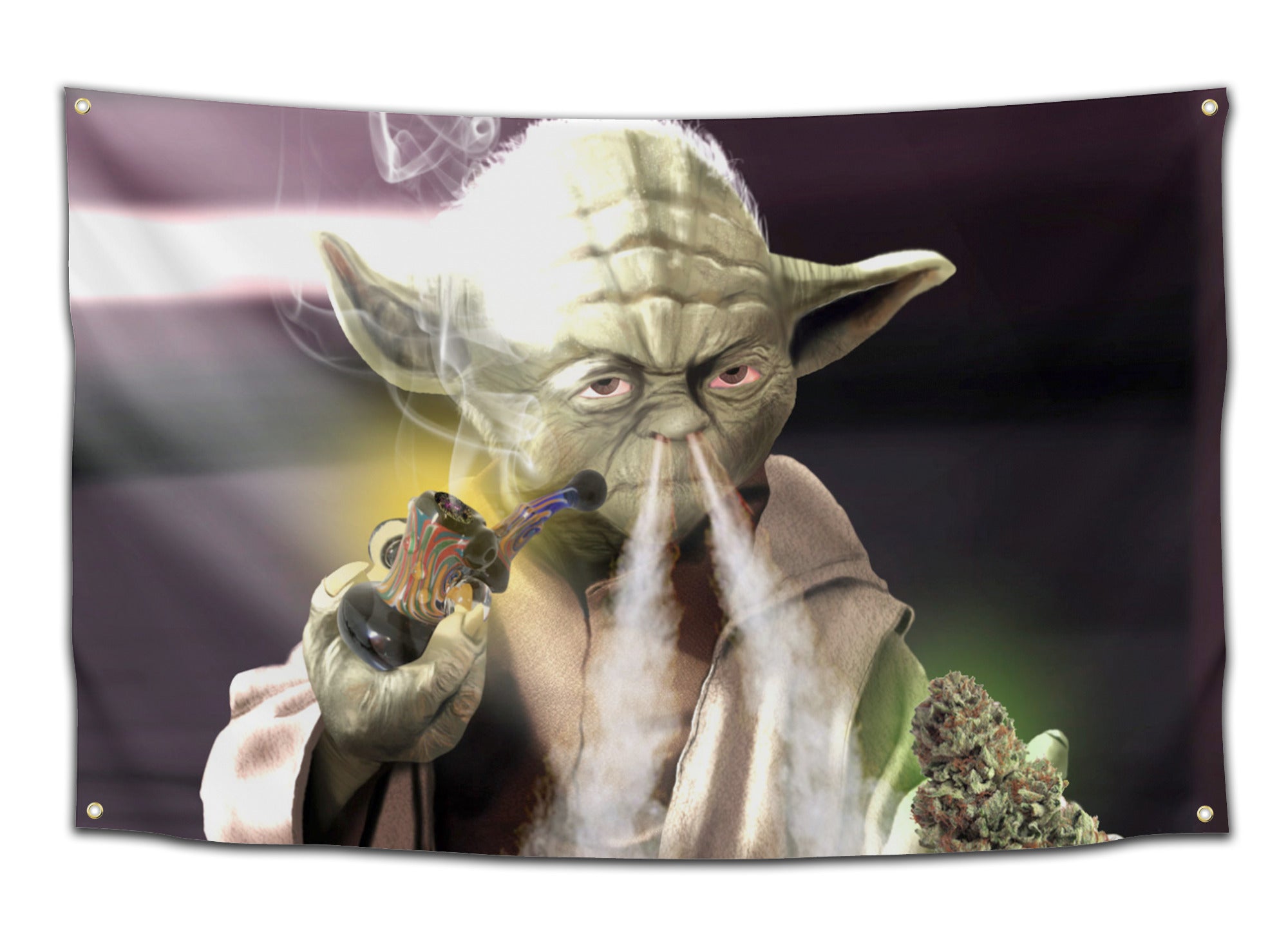 Flag featuring Yoda hitting a bong with smoke coming from his nose – hilarious Star Wars parody weed decor from CollegeWares.