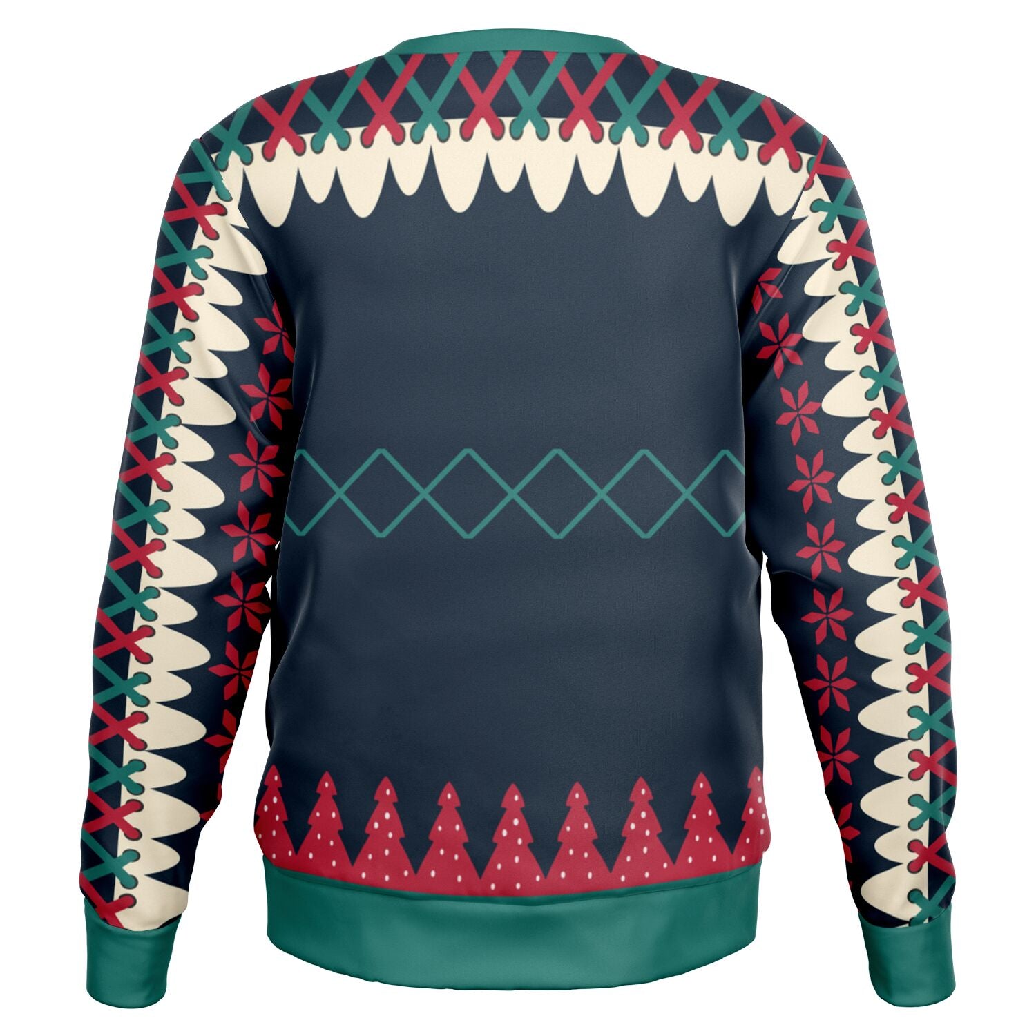 Back view of navy Christmas sweater with green diamonds and red trees, no text — playful winter pattern from CollegeWares.
