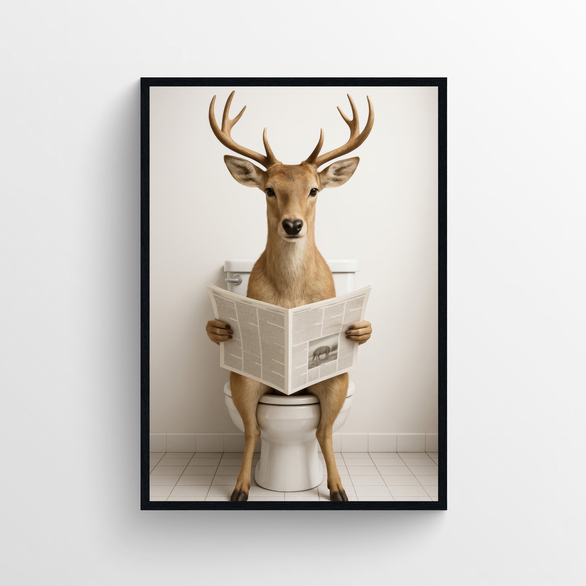 Realistic deer with large antlers sitting on a toilet reading a newspaper in a minimal tiled bathroom — refined animal humor wall art designed for modern bathrooms by CollegeWares.