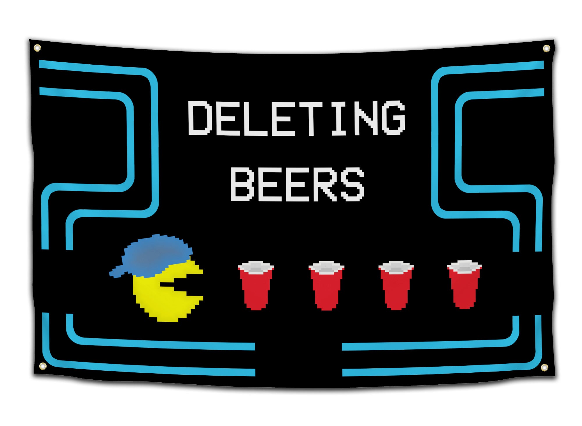 Black pixelated flag with a Pac-Man-style character wearing a backwards cap and the phrase “Deleting Beers” – retro drinking party flag from CollegeWares.