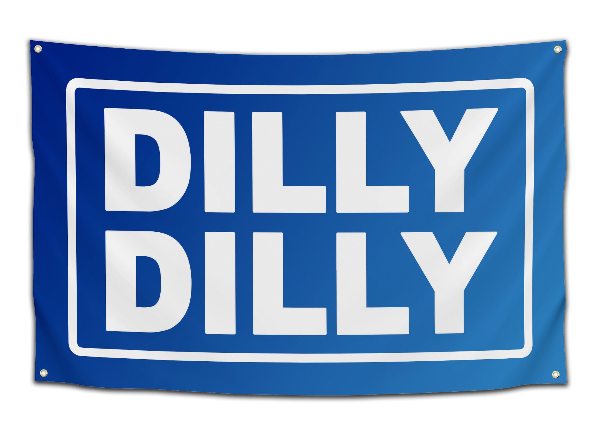 Blue flag with bold white text that says “DILLY DILLY” – funny drinking slogan flag for college parties from CollegeWares.