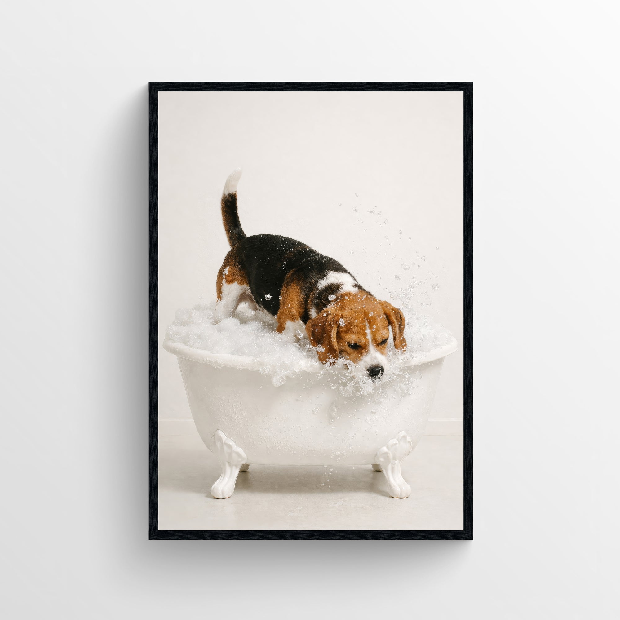 Photorealistic beagle splashing inside a white clawfoot bathtub in a minimalist bathroom setting, presented as a funny bathroom poster and modern animal wall print for apartments and dorms at CollegeWares.