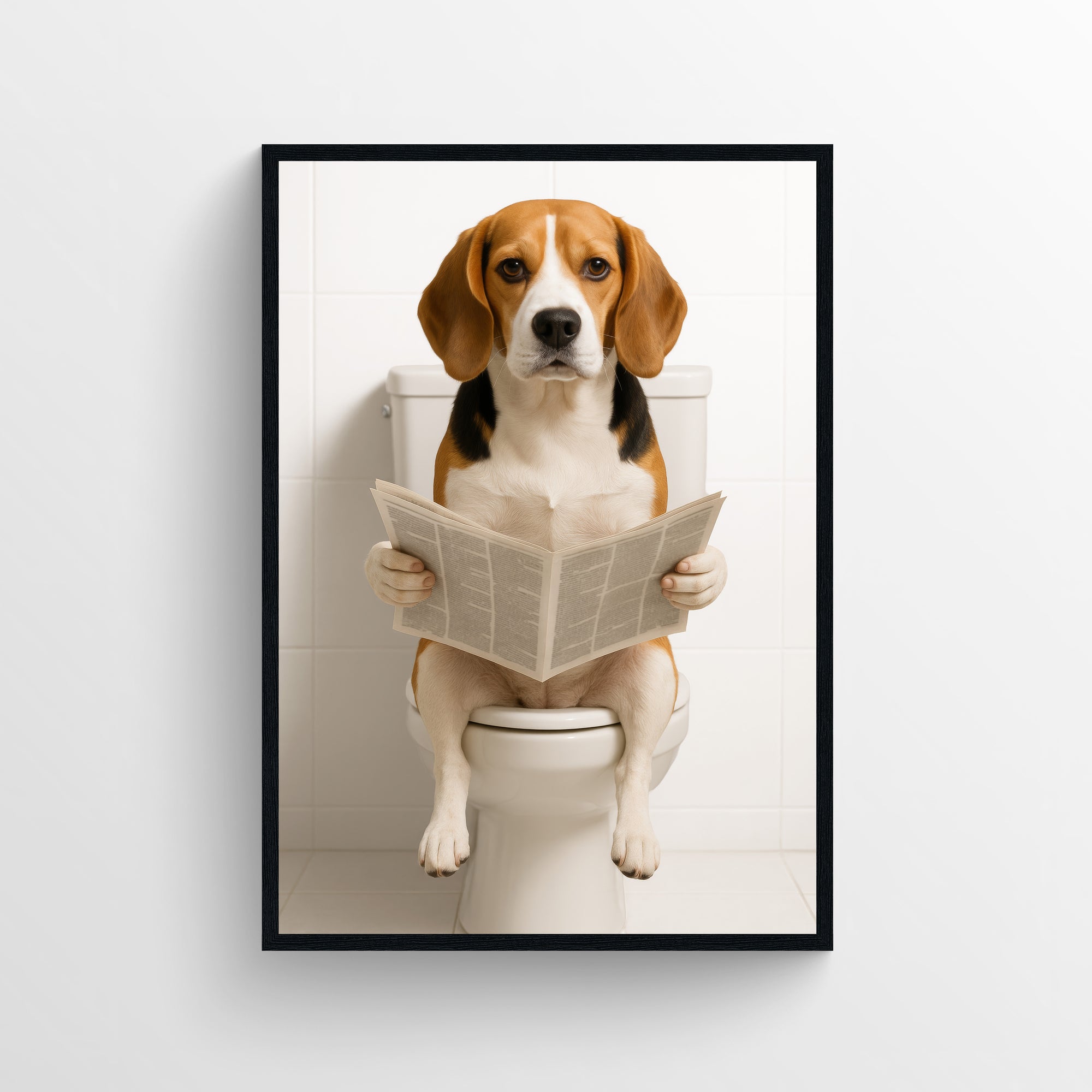 Photorealistic beagle sitting on a toilet holding a newspaper in a clean white bathroom, presented as a funny bathroom poster and minimalist animal wall print for apartments and dorms at CollegeWares.