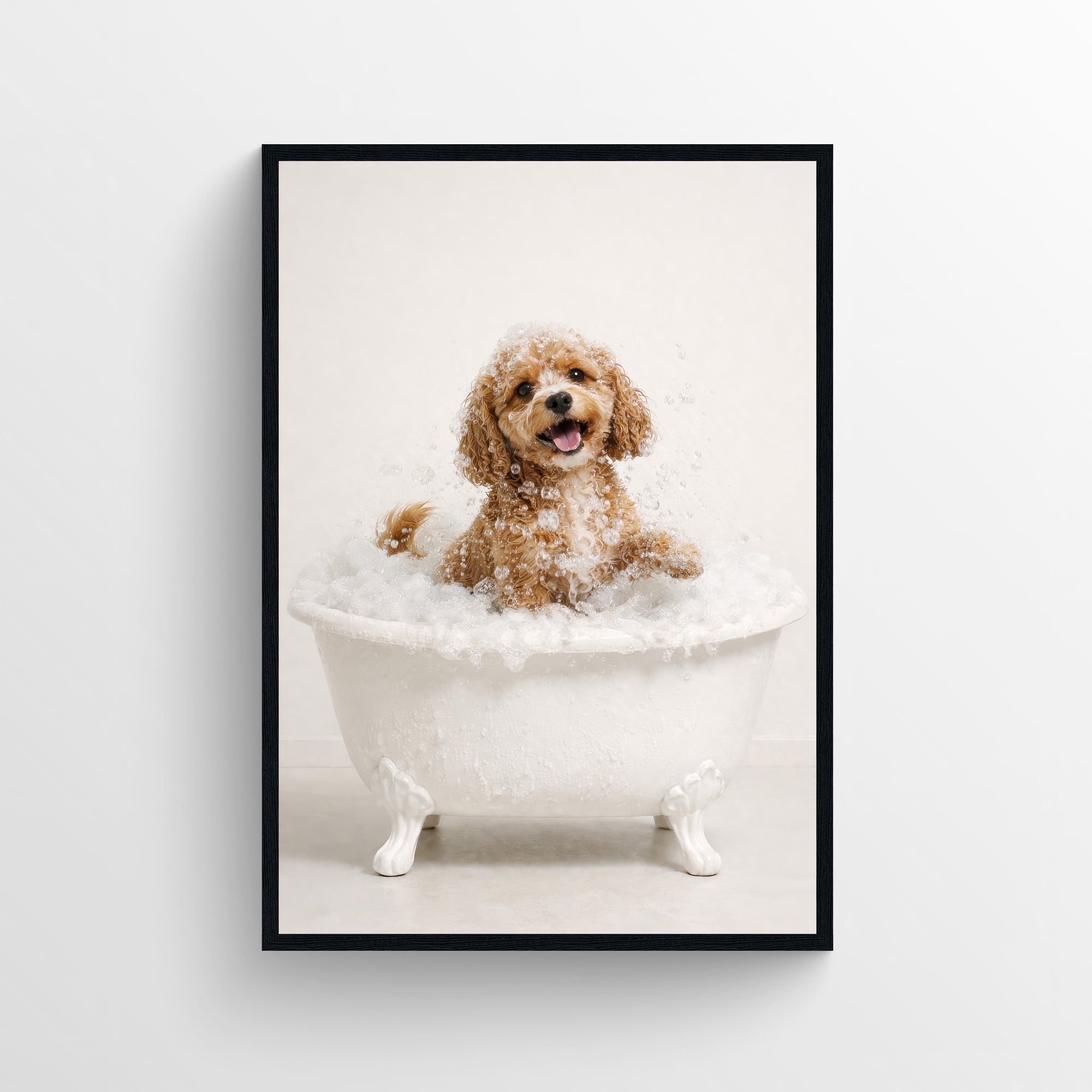 Photorealistic cavapoo dog bathing in a white clawfoot tub — funny bathroom poster with modern minimalist bathroom decor style for apartments and dorms, animal wall print at CollegeWares.