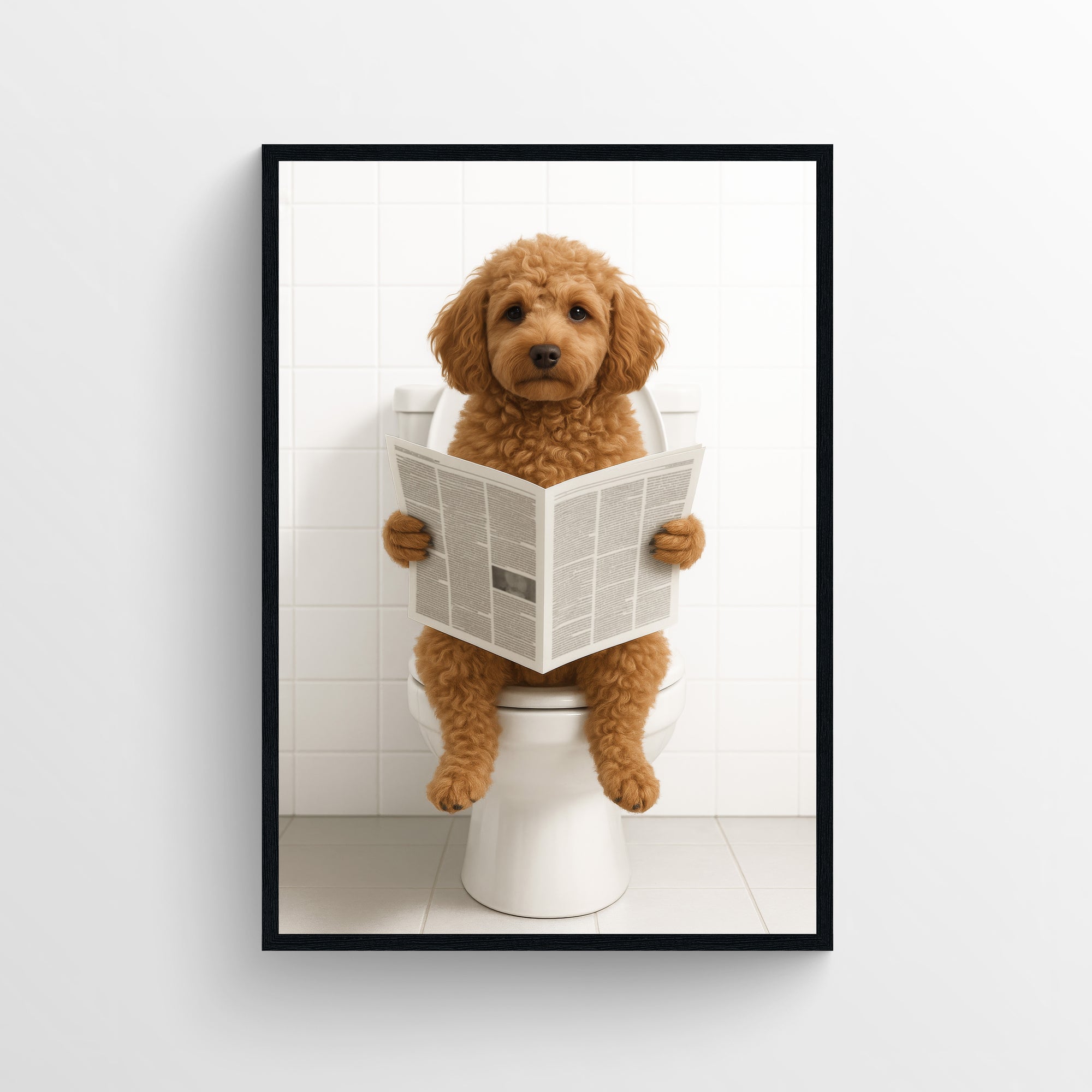 Photorealistic cavapoo dog sitting on a toilet reading a newspaper in a minimalist bathroom setting, shown as a funny bathroom poster and modern animal wall print for apartments and dorms from CollegeWares.