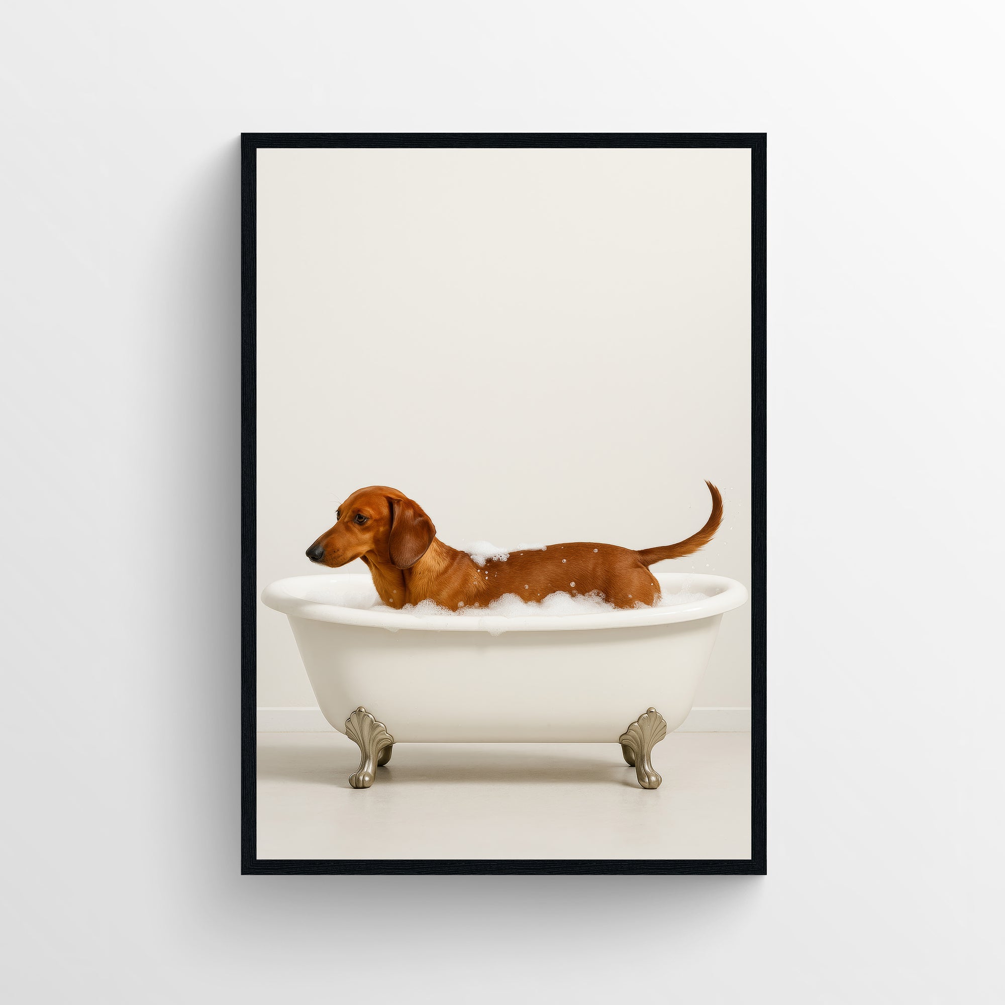 Photorealistic dachshund dog bathing in a white clawfoot tub in a minimalist bathroom — funny bathroom poster and modern animal wall print for apartments, dorms, and guest baths by CollegeWares.