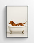 Photorealistic dachshund dog bathing in a white clawfoot tub in a minimalist bathroom — funny bathroom poster and modern animal wall print for apartments, dorms, and guest baths by CollegeWares.