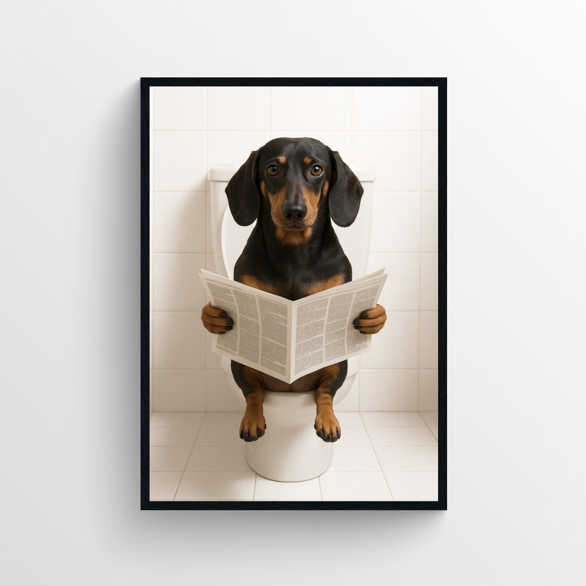 Photorealistic dachshund dog sitting on a toilet reading a newspaper in a minimalist bathroom — funny bathroom poster and modern animal wall print for apartments, dorms, and guest baths by CollegeWares.
