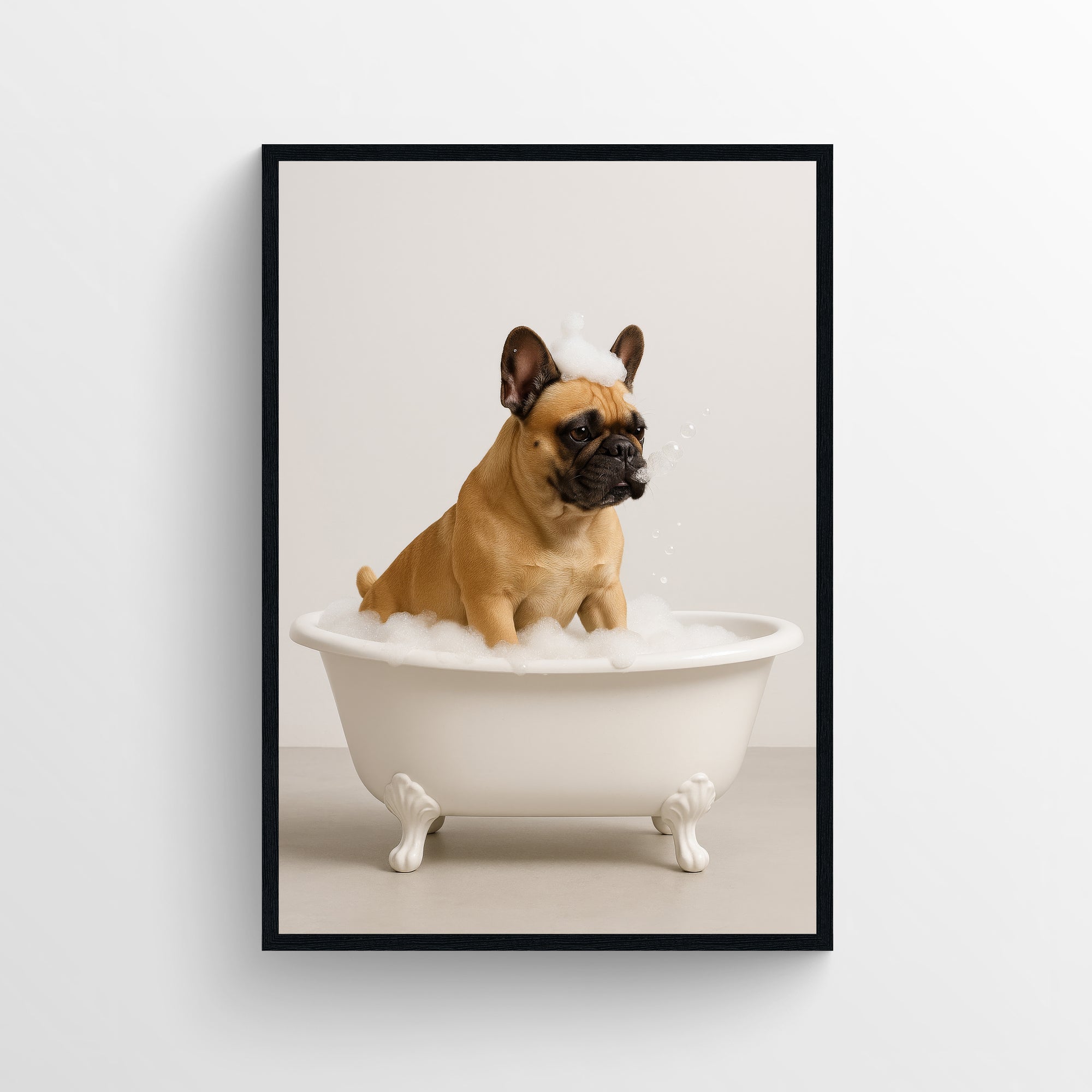 Photorealistic French bulldog sitting in a clawfoot bathtub in a minimalist bathroom — funny bathroom poster, modern wall art, and animal wall print for apartments and dorms from CollegeWares.