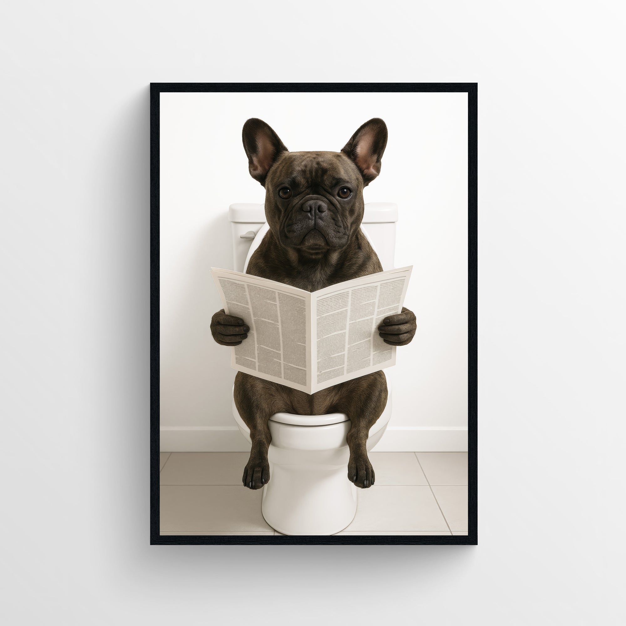 Photorealistic French bulldog sitting on a toilet reading a newspaper in a minimalist bathroom — funny bathroom poster, modern wall art, and animal wall print for apartments and dorms by CollegeWares.