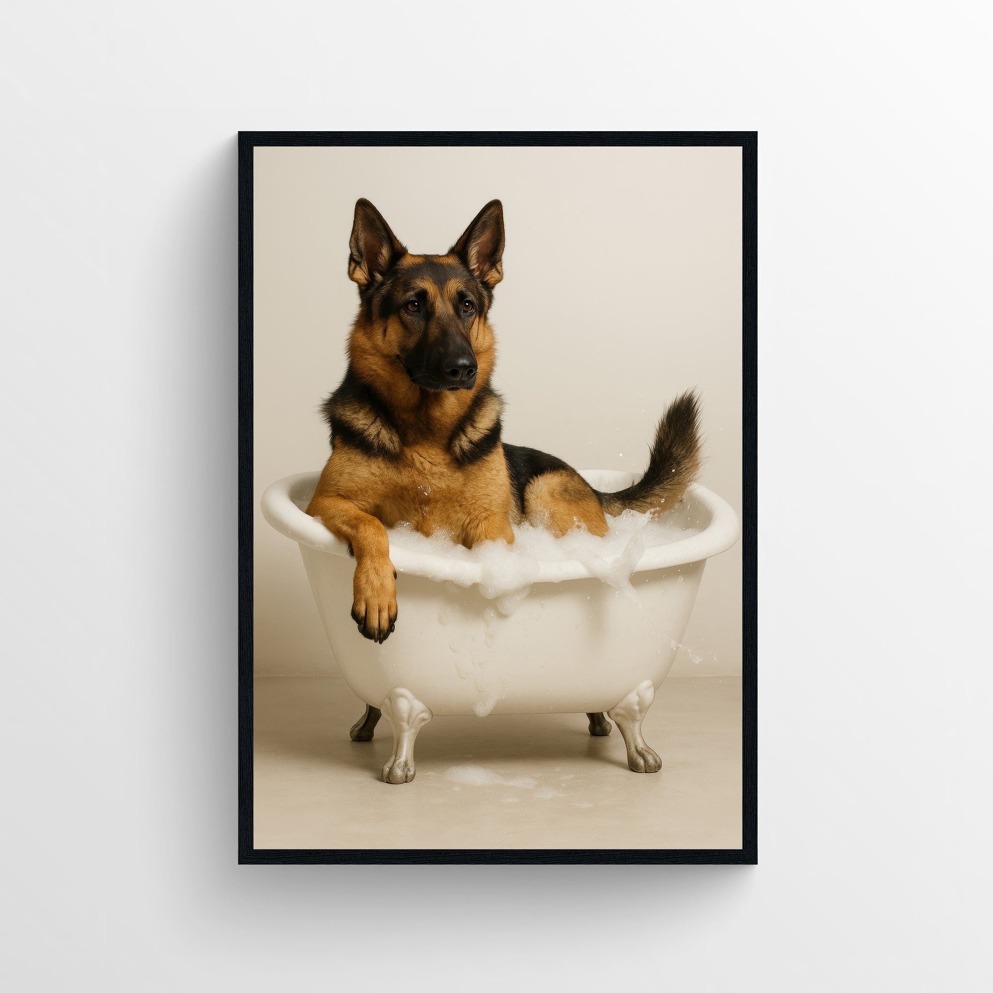 Photorealistic German shepherd relaxing in a clawfoot bathtub in a minimalist bathroom — funny bathroom poster, modern wall art, minimalist bathroom decor, and animal wall print for apartments and dorms by CollegeWares.