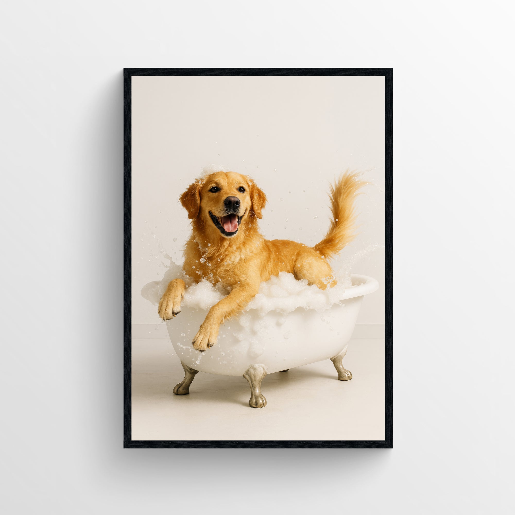 Photorealistic golden retriever relaxing in a clawfoot bathtub in a minimalist bathroom — funny bathroom poster, modern wall art, minimalist bathroom decor, and animal wall print for apartments and dorms from CollegeWares.