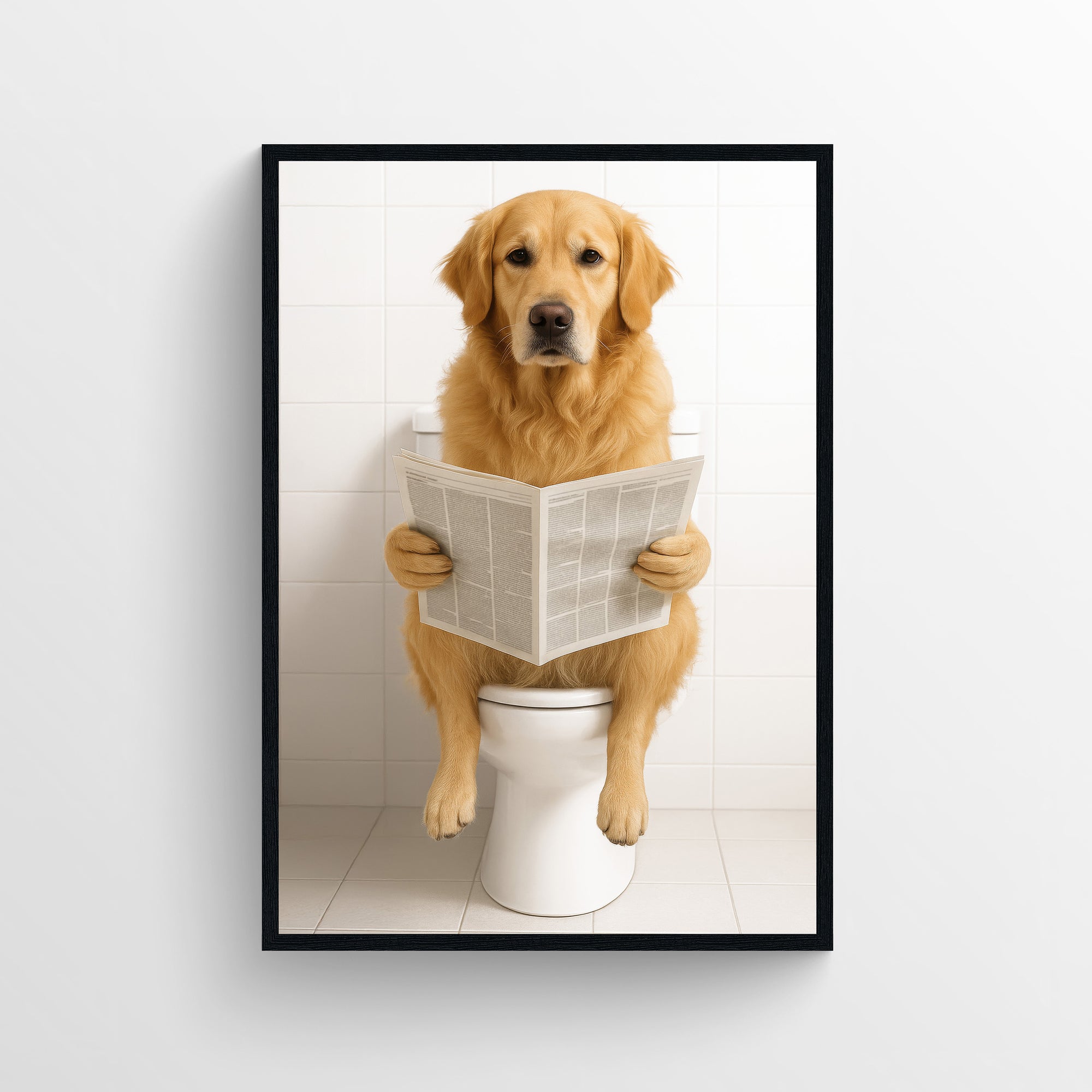 Photorealistic golden retriever sitting on a toilet reading a newspaper in a clean bathroom — funny bathroom poster, modern wall art, minimalist bathroom decor, and animal wall print for apartments and dorms by CollegeWares.