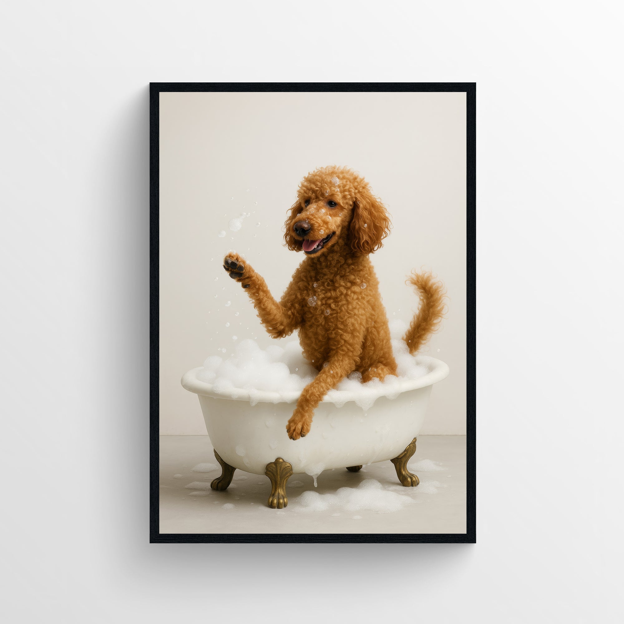 Photorealistic poodle sitting in a clawfoot bathtub in a minimalist bathroom — funny bathroom poster, modern wall art, minimalist bathroom decor, and animal wall print for apartments and dorms by CollegeWares.
