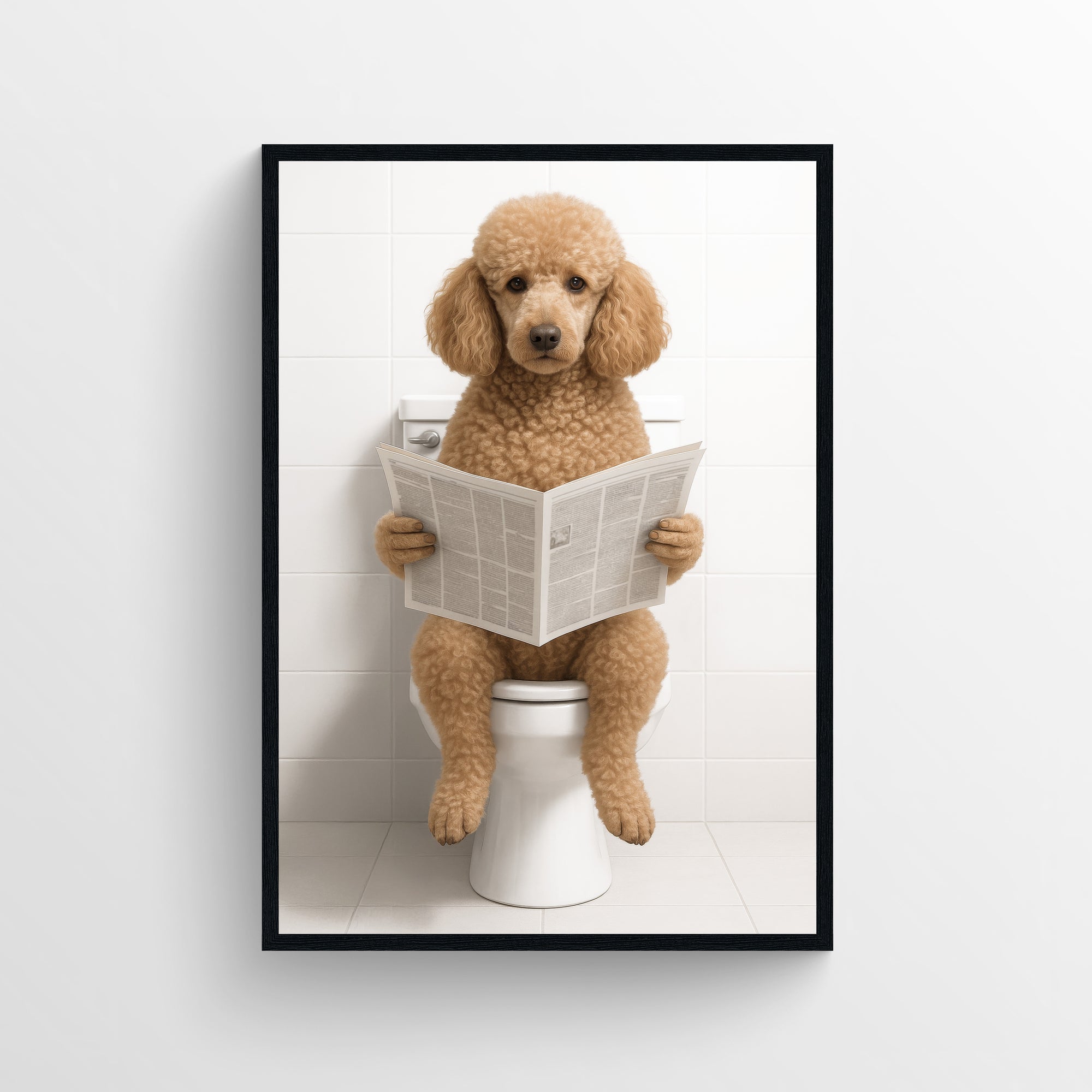 Photorealistic poodle sitting on a toilet reading a newspaper in a minimalist bathroom — funny bathroom poster, modern wall art, minimalist bathroom decor, and animal wall print for apartments and dorms by CollegeWares.