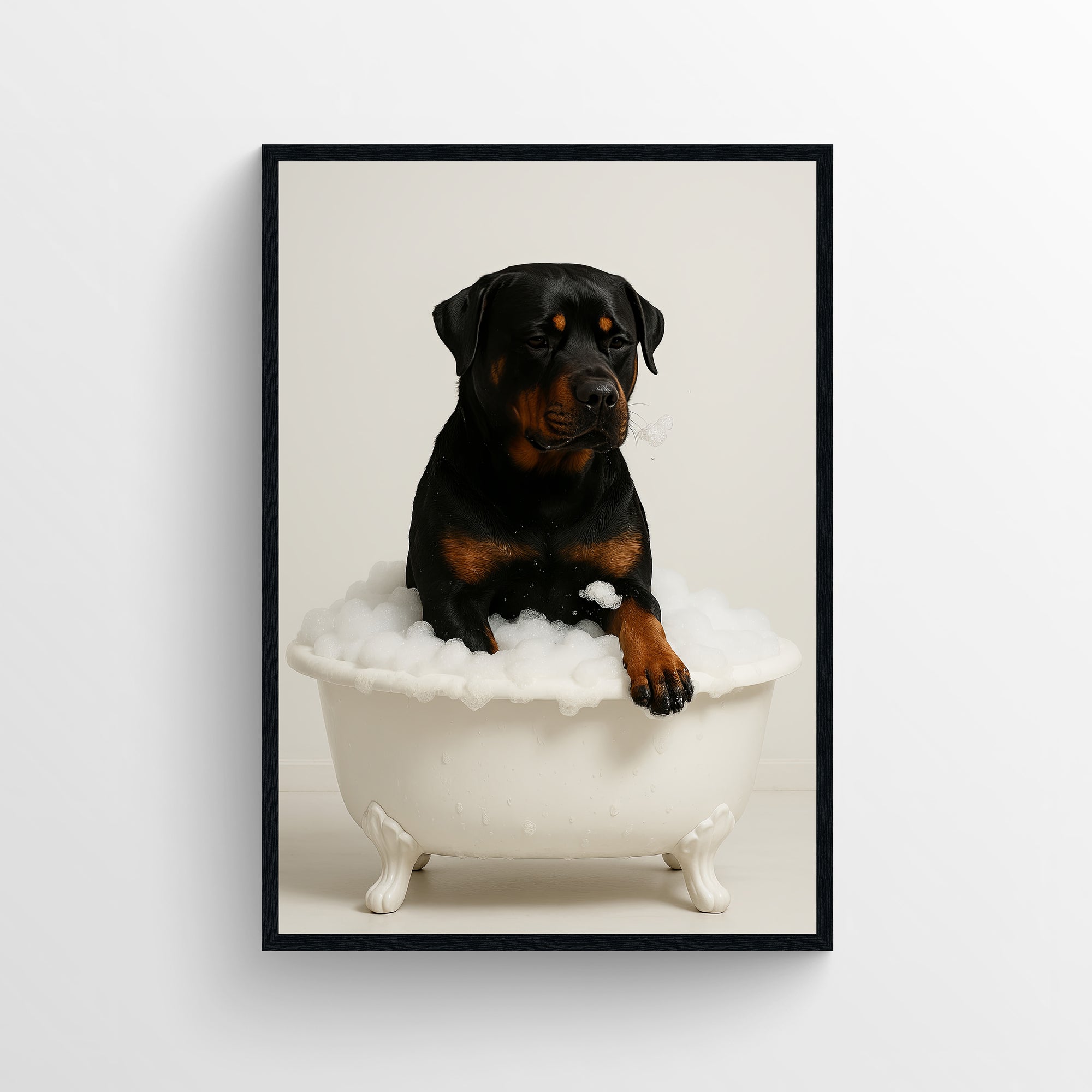 Photorealistic rottweiler sitting in a clawfoot bathtub in a clean bathroom — funny bathroom poster with modern wall art style, minimalist bathroom decor, and animal wall print for apartments and dorms by CollegeWares.