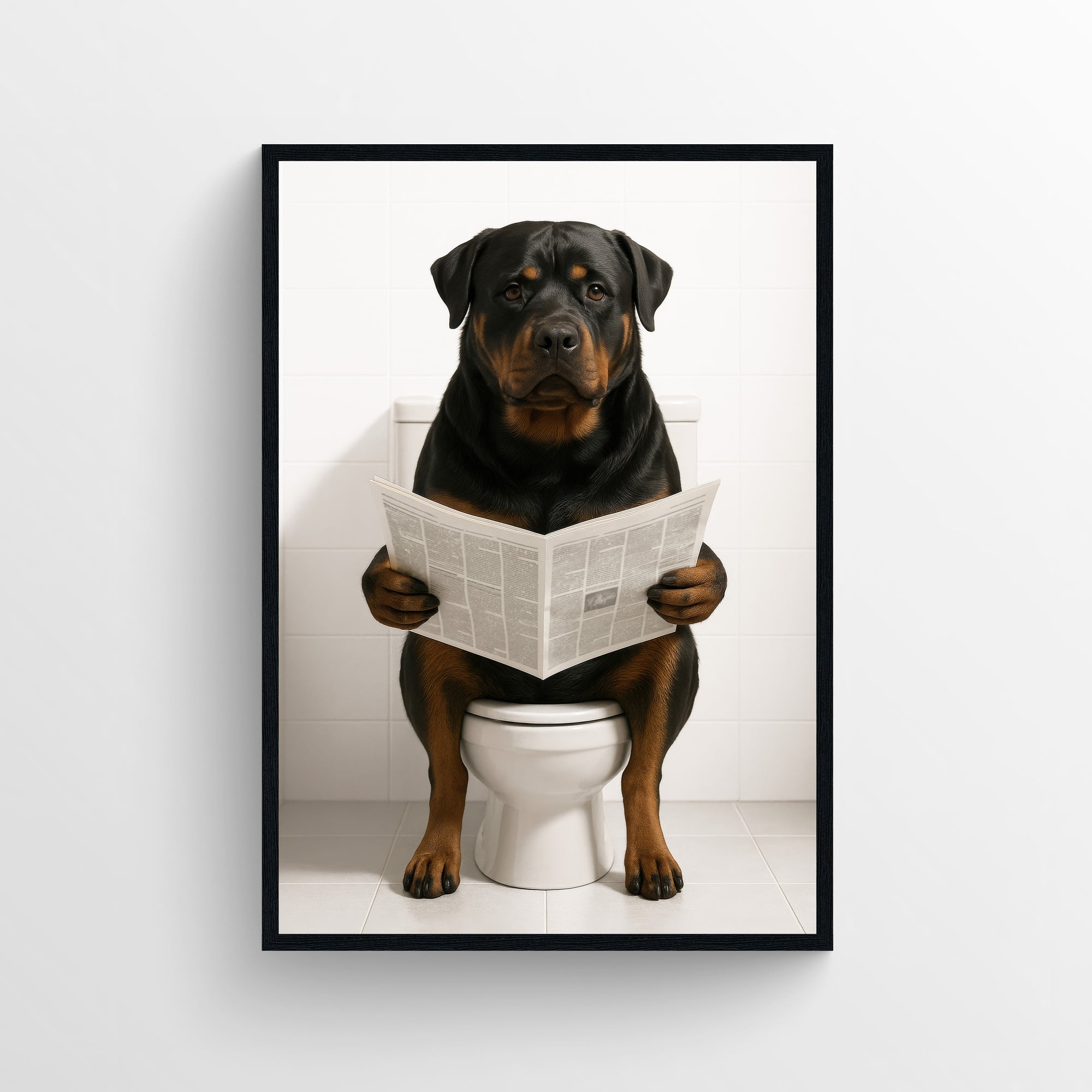 Photorealistic rottweiler sitting on a toilet reading a newspaper in a clean bathroom — funny bathroom poster, modern wall art, minimalist bathroom decor, and animal wall print for apartments and dorms by CollegeWares.
