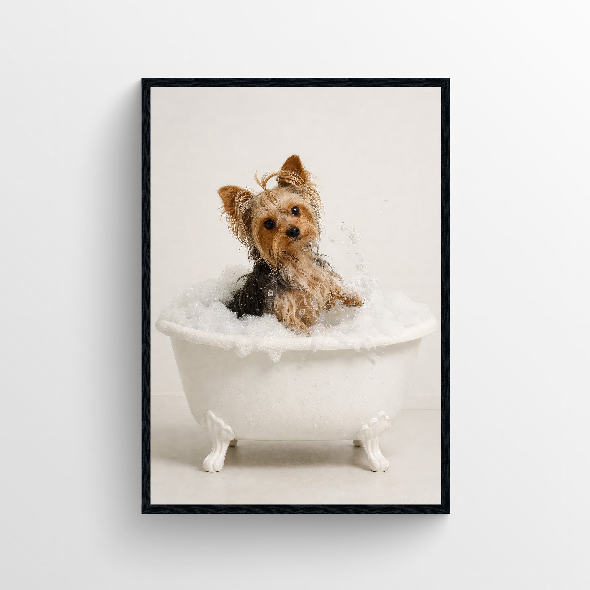 Photorealistic Yorkshire terrier sitting in a clawfoot bathtub in a clean bathroom — funny bathroom poster with modern wall art style, minimalist bathroom decor, and animal wall print for apartments and dorms by CollegeWares.
