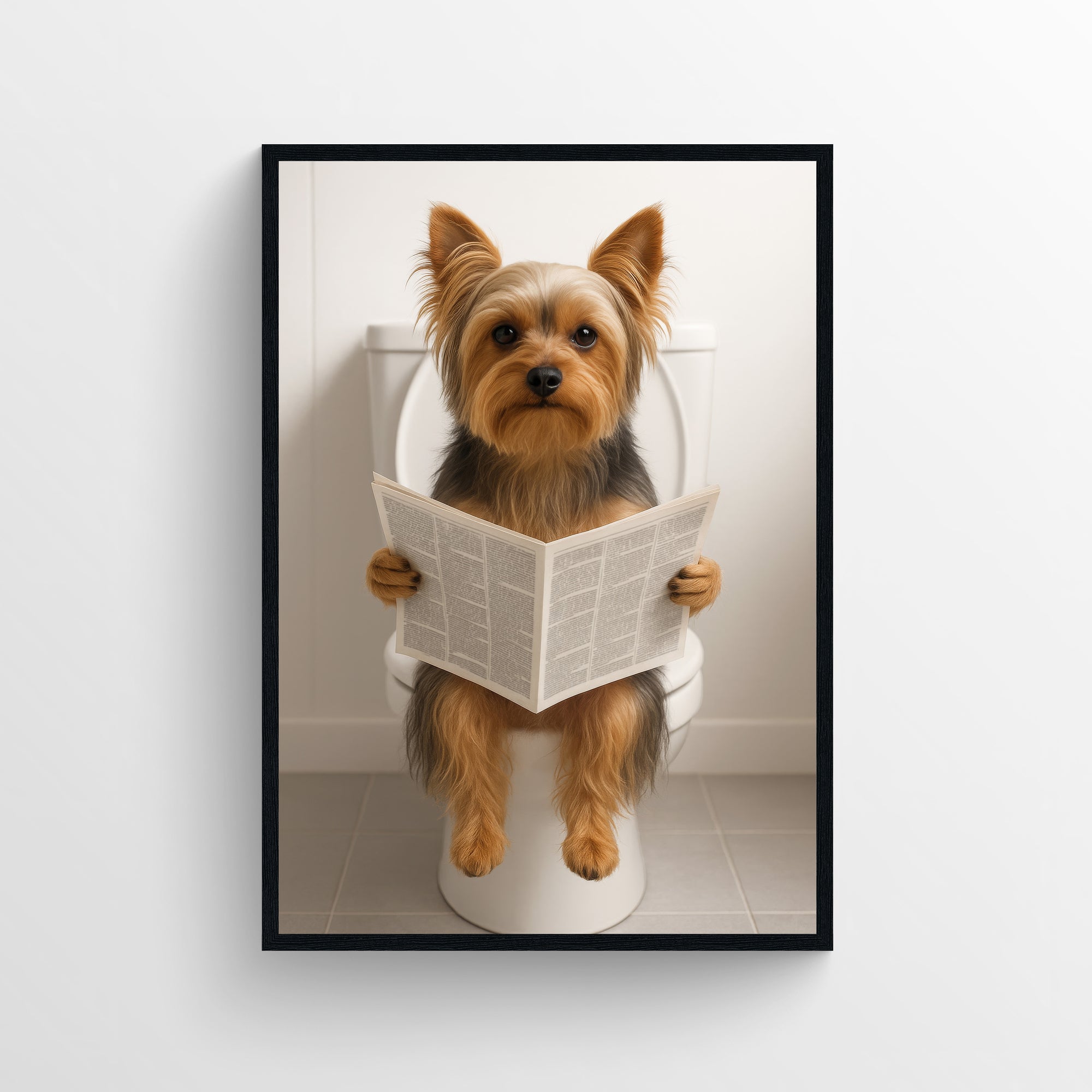 Photorealistic Yorkshire terrier sitting on a toilet reading a newspaper in a clean bathroom — funny bathroom poster with modern wall art style, minimalist bathroom decor, and animal wall print for apartments and dorms from CollegeWares.