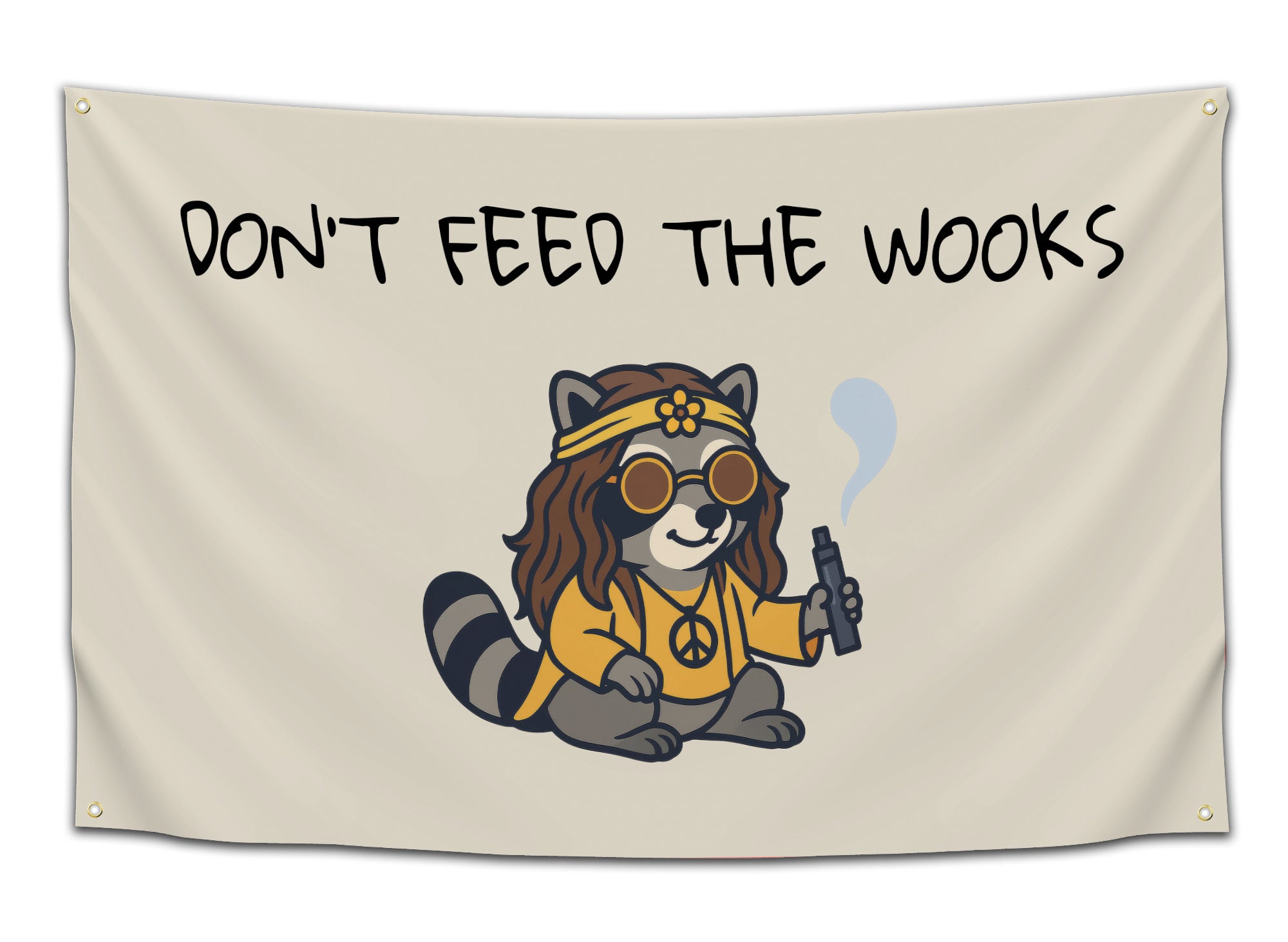 Beige flag with a cartoon hippie raccoon wearing sunglasses, holding a vape, and the text “Don’t Feed the Wooks” — funny rave and festival humor flag from CollegeWares.