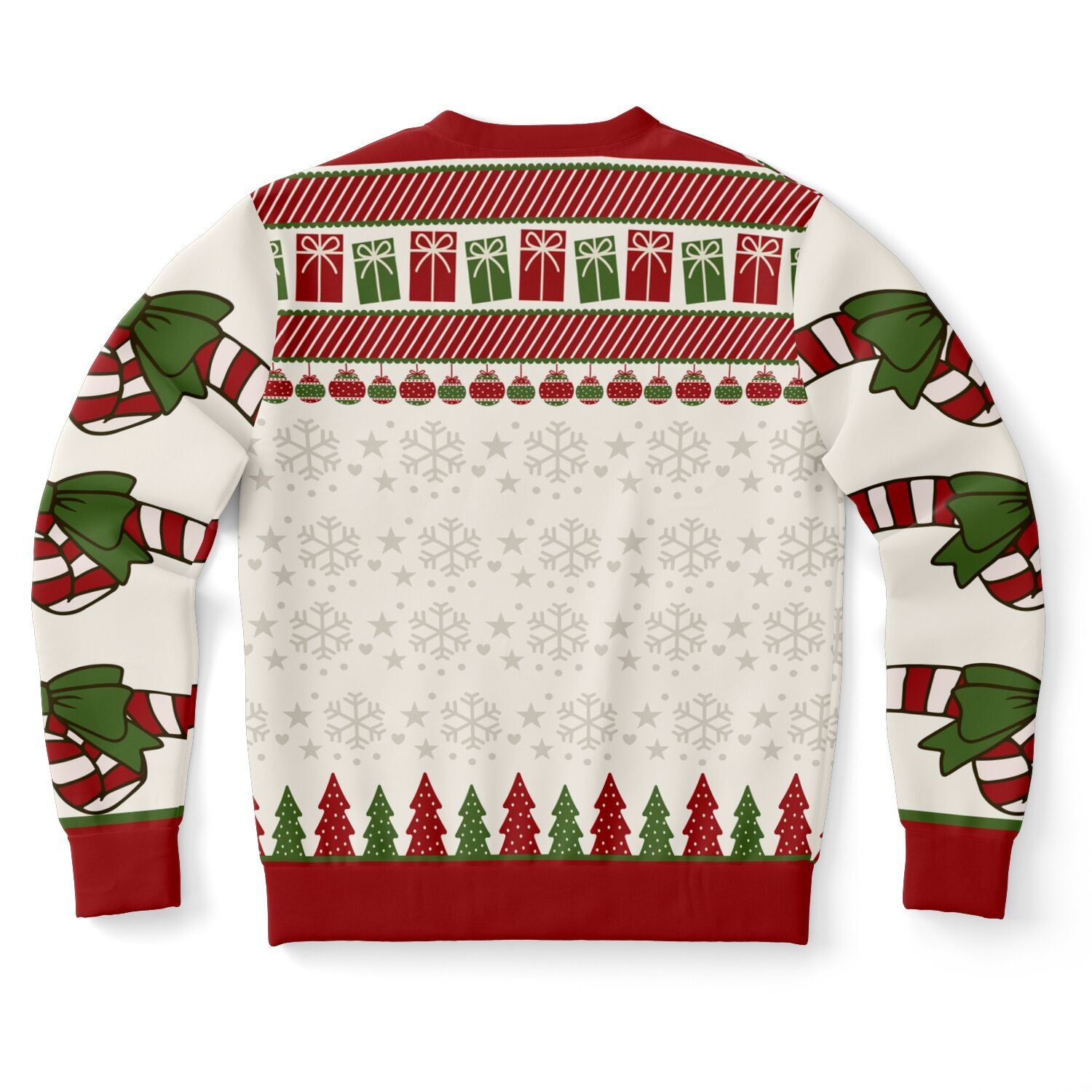Back view of cream and red sweater with snowflakes, trees, and presents — festive and cheeky print from CollegeWares.