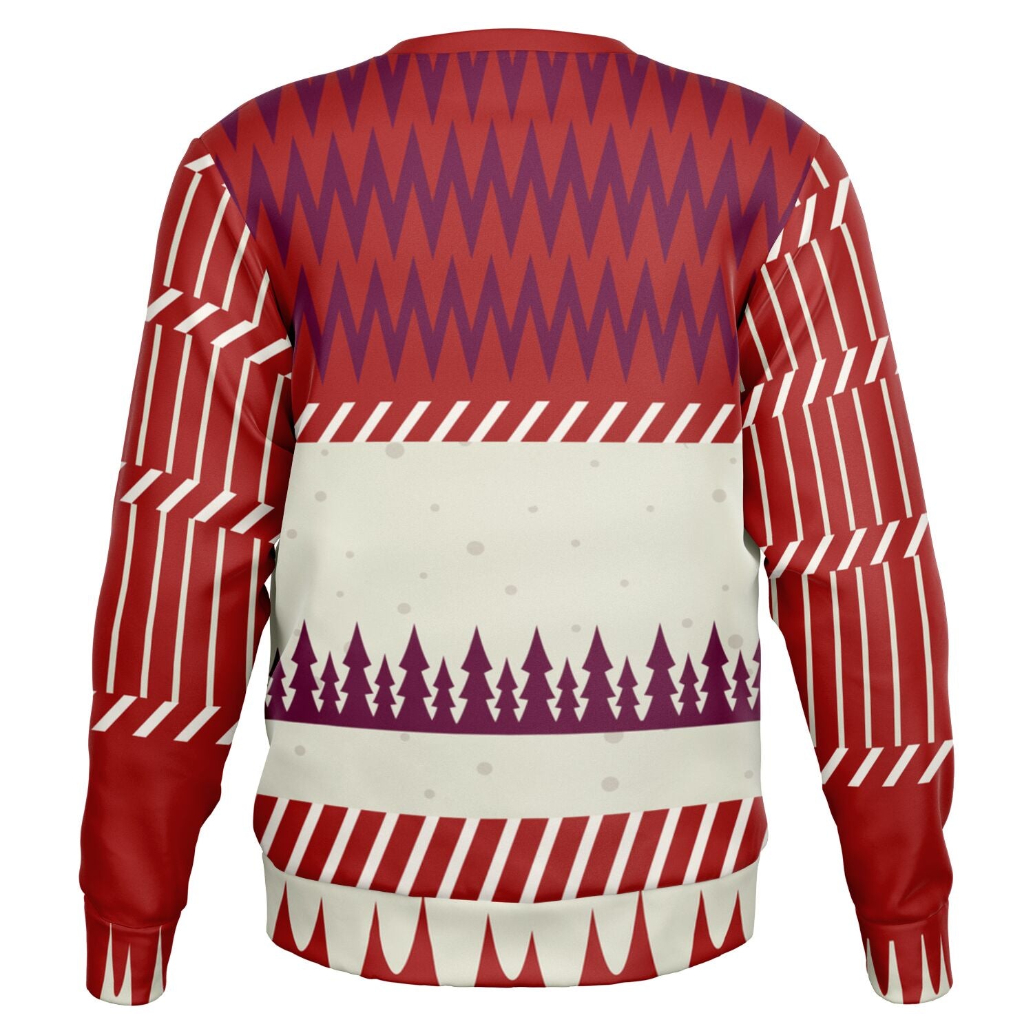 Back view of red and cream Christmas sweater with zigzag patterns and tree silhouettes — cheeky holiday design from CollegeWares.