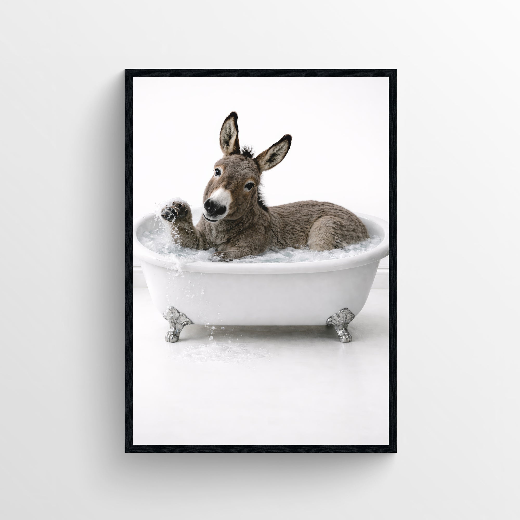 Photorealistic donkey sitting in a clawfoot bathtub in a minimalist bathroom — funny bathroom poster with modern wall art style, clean minimalist bathroom decor, and animal wall print for apartments and dorms from CollegeWares.