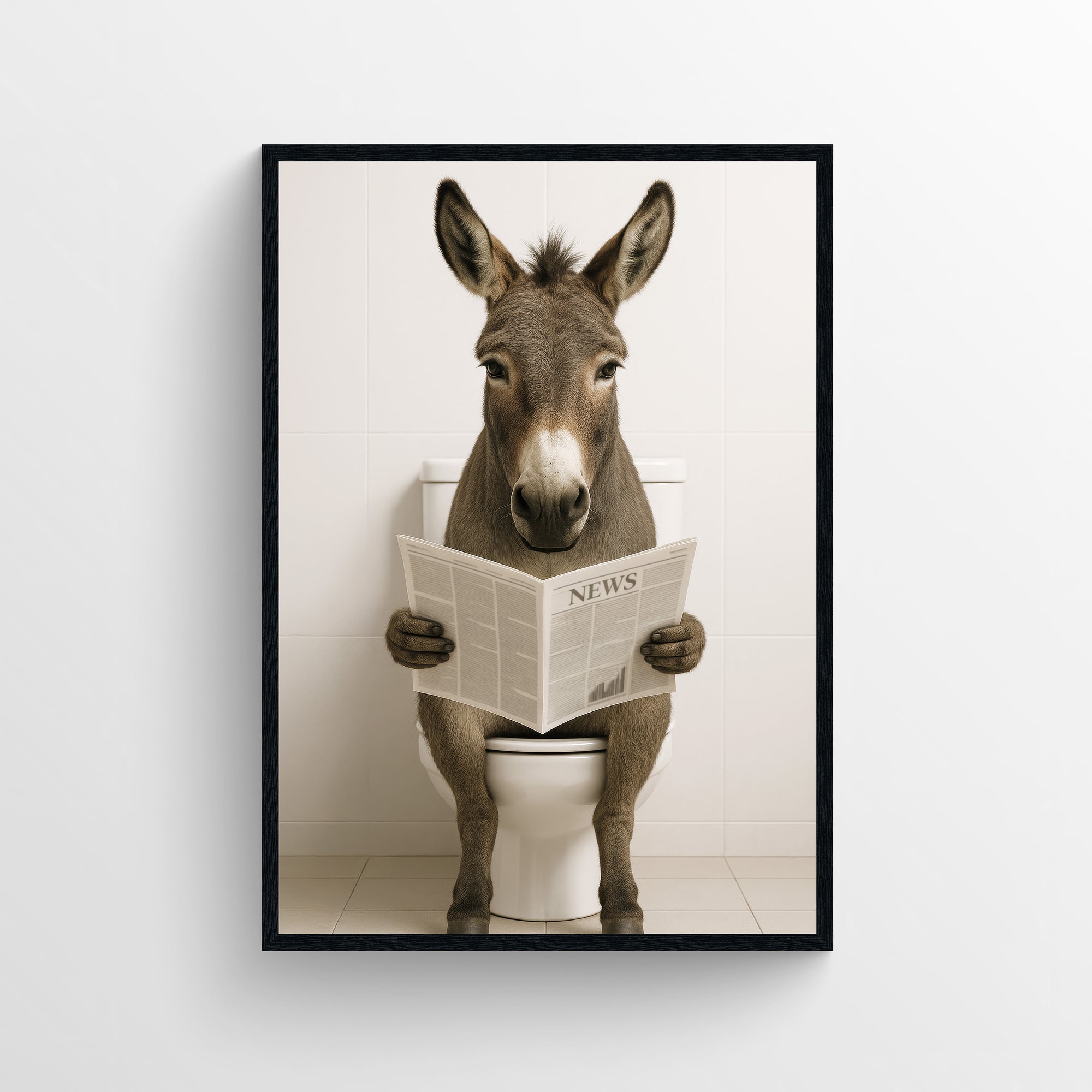 Photorealistic donkey sitting on a toilet reading a newspaper in a minimalist bathroom — funny bathroom poster with modern wall art style, clean bathroom decor, and animal wall print for apartments and dorms from CollegeWares.