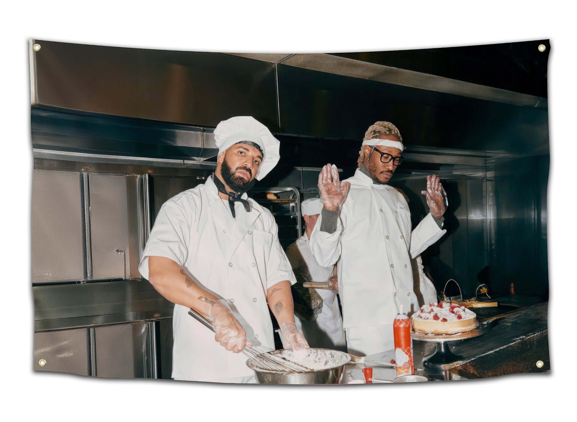 Funny flag showing Drake & Future in white uniforms cooking in a kitchen with confident poses and flour in the air — chaotic meme-style dorm and party decor from CollegeWares.