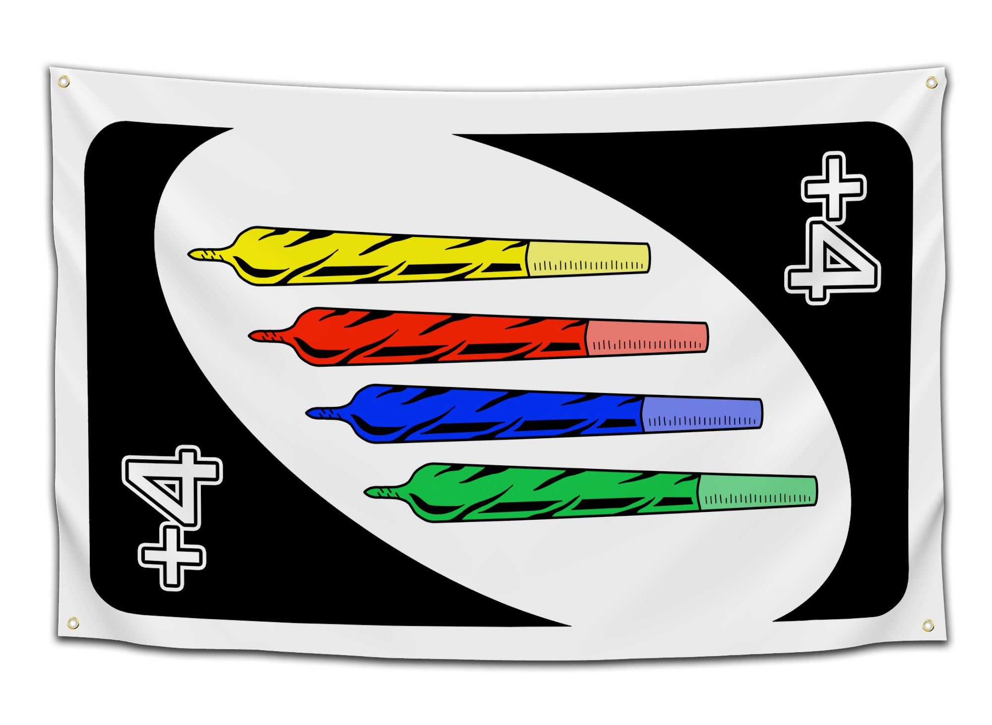 Funny UNO parody flag with a “+4” card showing four colorful joints instead of cards – stoner dorm flag from CollegeWares.