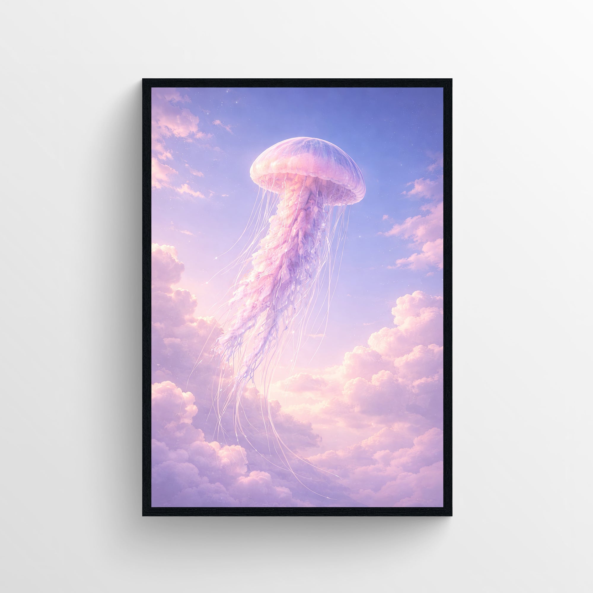 Trippy wall poster featuring a floating jellyfish drifting through pastel clouds in soft pink and lavender tones — modern aesthetic room decor for college rooms, apartments, and creative studios by CollegeWares.