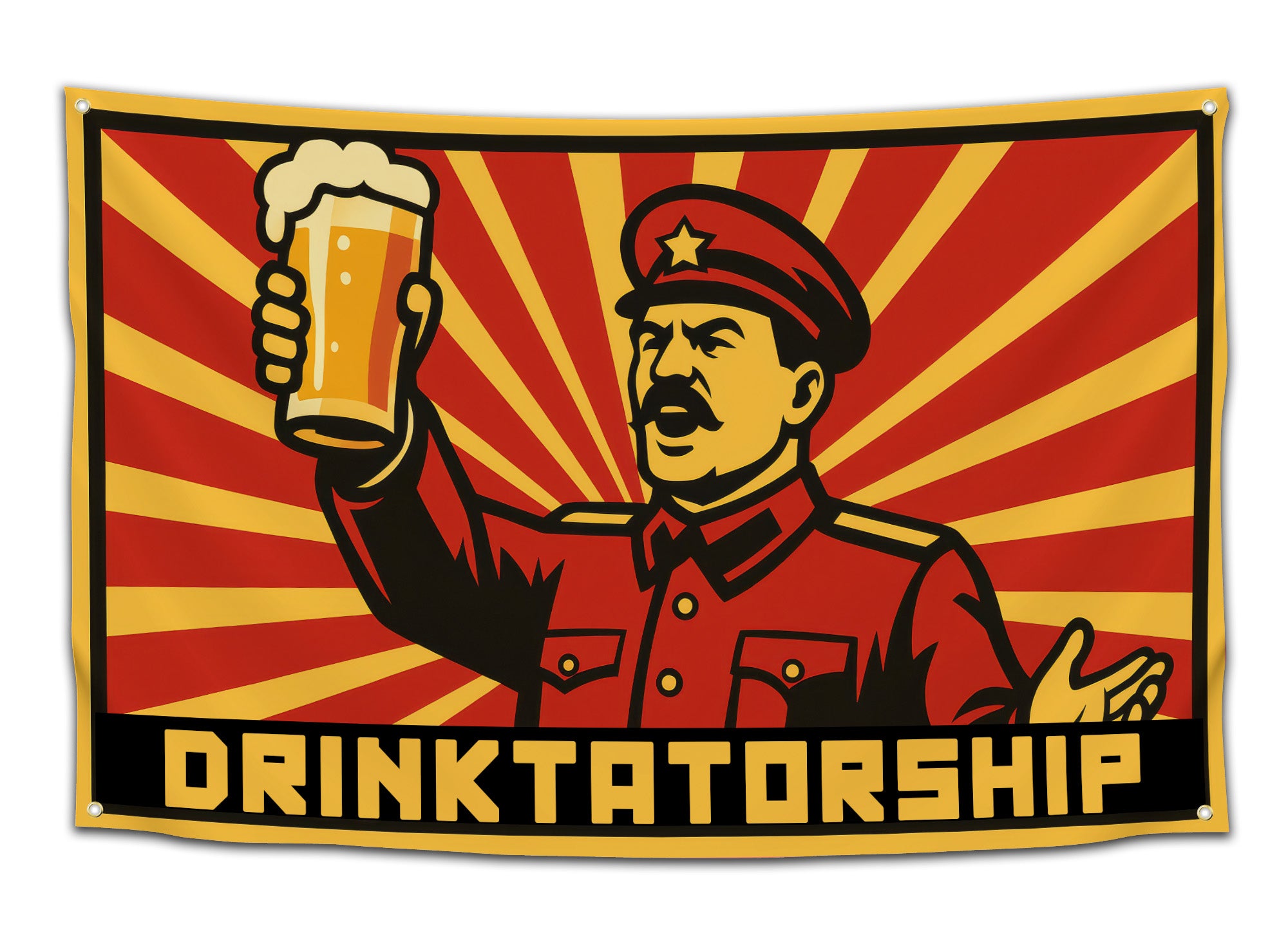 Red and yellow propaganda-style flag featuring a cartoon dictator raising a beer with bold text “Drinktatorship” — funny drinking flag for college parties, bars, and frat houses from CollegeWares.