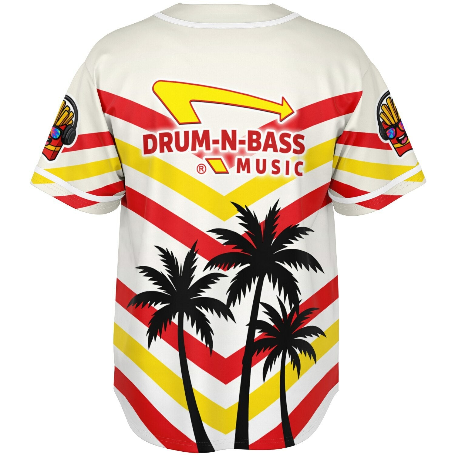 Ghost mockup showing the back of the jersey with IN-N-OUT–inspired red and yellow chevrons, the parody Drum-N-Bass arrow graphic across the shoulders, and black palm trees positioned at the bottom center.