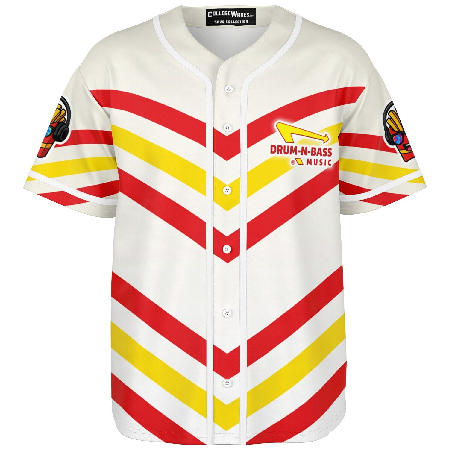 Ghost mockup of the front side of the jersey displaying the angled red and yellow chevron stripes, white piping, and the parody Drum-N-Bass logo on the left chest.