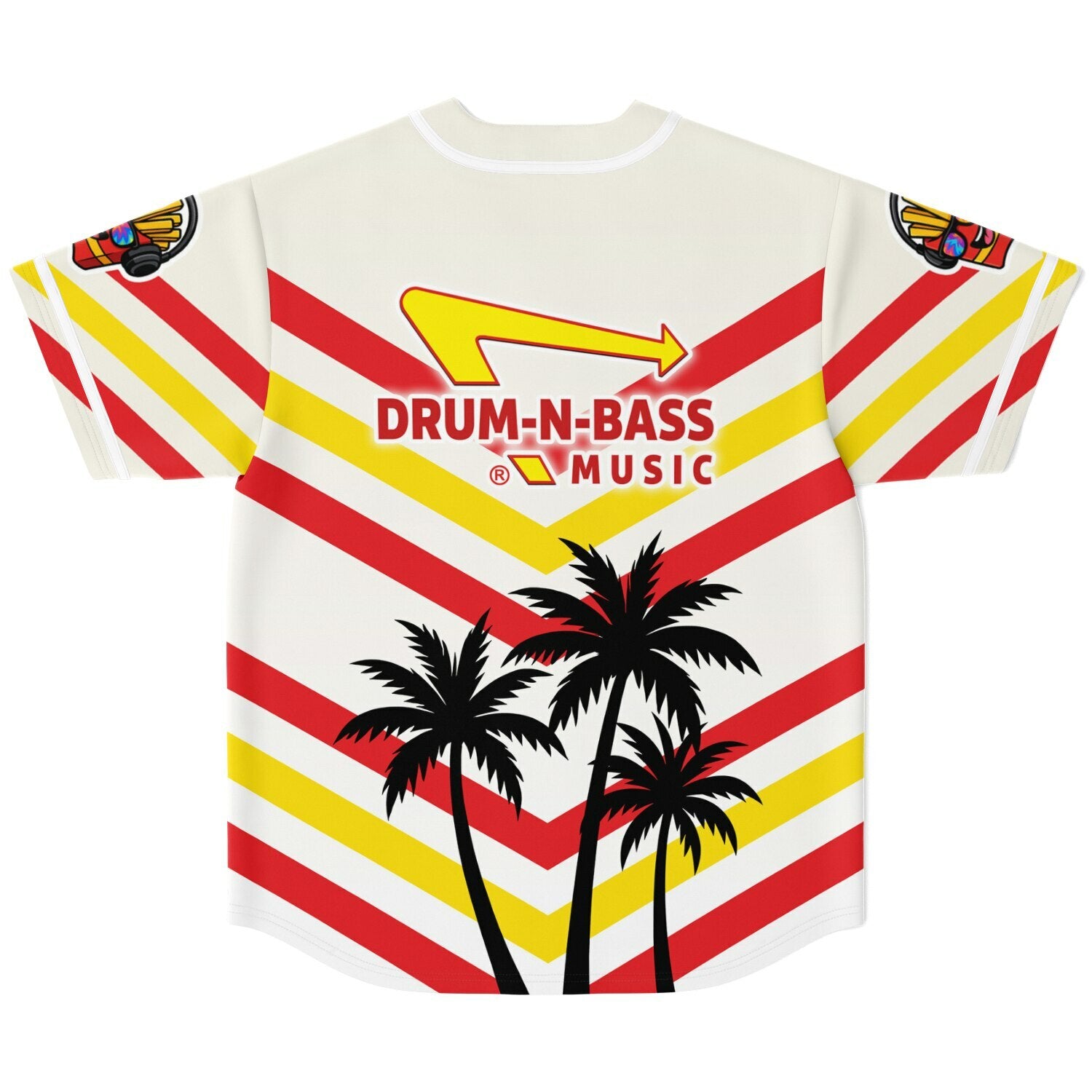 Flat back view of a white baseball jersey featuring red and yellow IN-N-OUT–style chevron stripes, a parody “DRUM-N-BASS MUSIC” arrow logo across the upper back, and black palm-tree silhouettes printed along the lower panel.