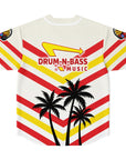 Flat back view of a white baseball jersey featuring red and yellow IN-N-OUT–style chevron stripes, a parody “DRUM-N-BASS MUSIC” arrow logo across the upper back, and black palm-tree silhouettes printed along the lower panel.