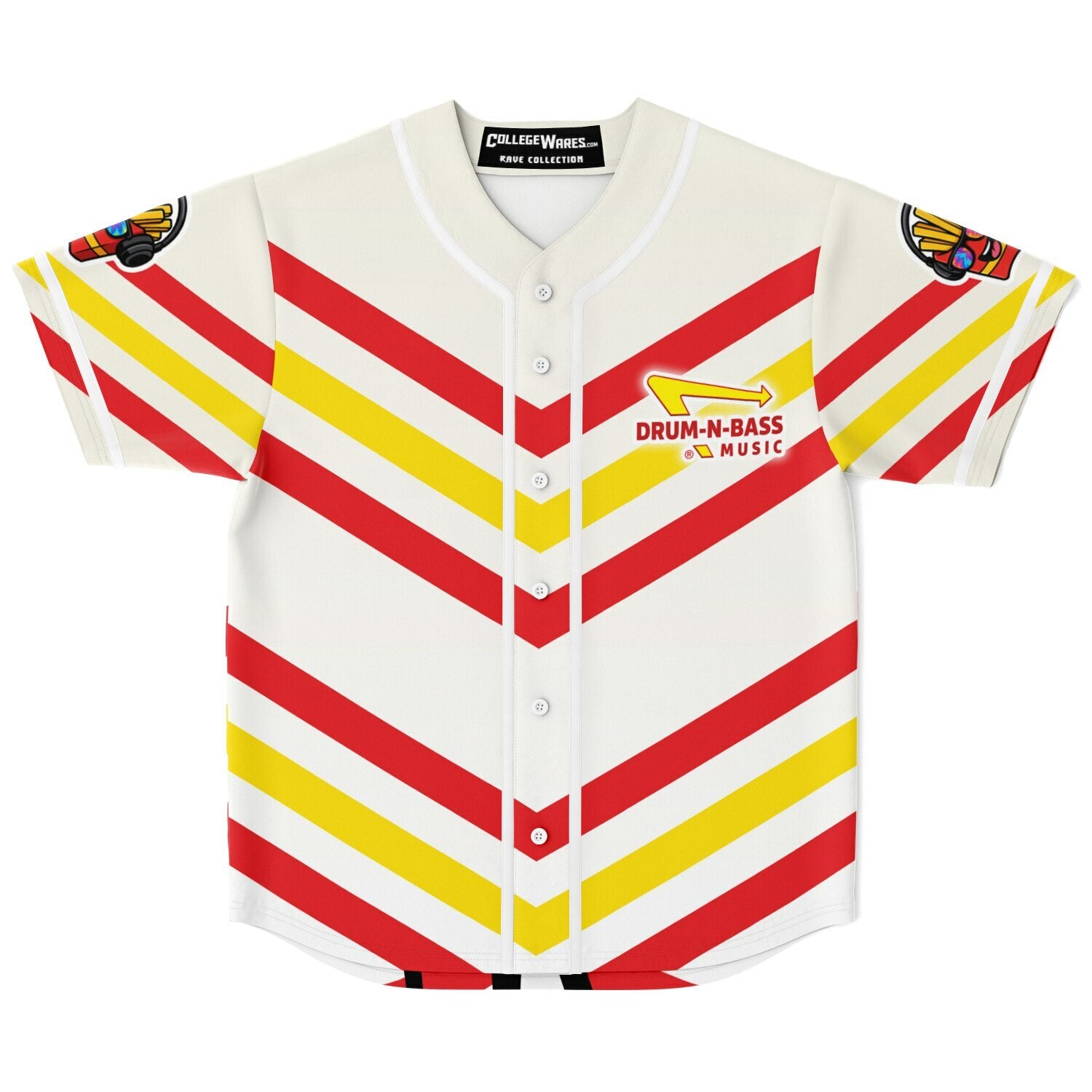 Flat front product shot of the white baseball jersey with downward-pointing red and yellow IN-N-OUT-style stripes, white piping, and a parody Drum-N-Bass arrow logo on the left chest.
