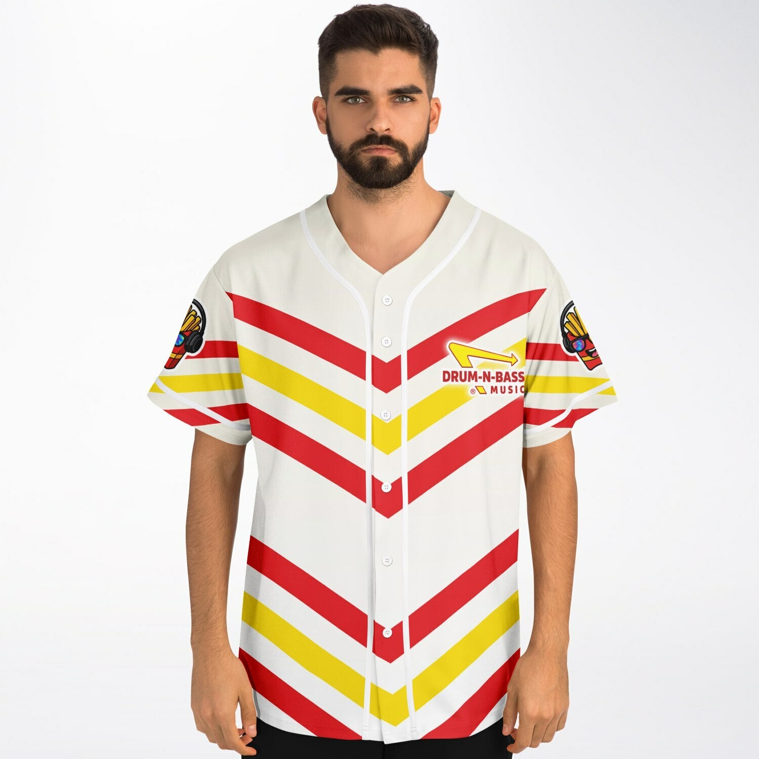 Front view of a man wearing the white baseball jersey with IN-N-OUT-themed red and yellow chevrons and the parody Drum-N-Bass arrow logo printed on the left chest.