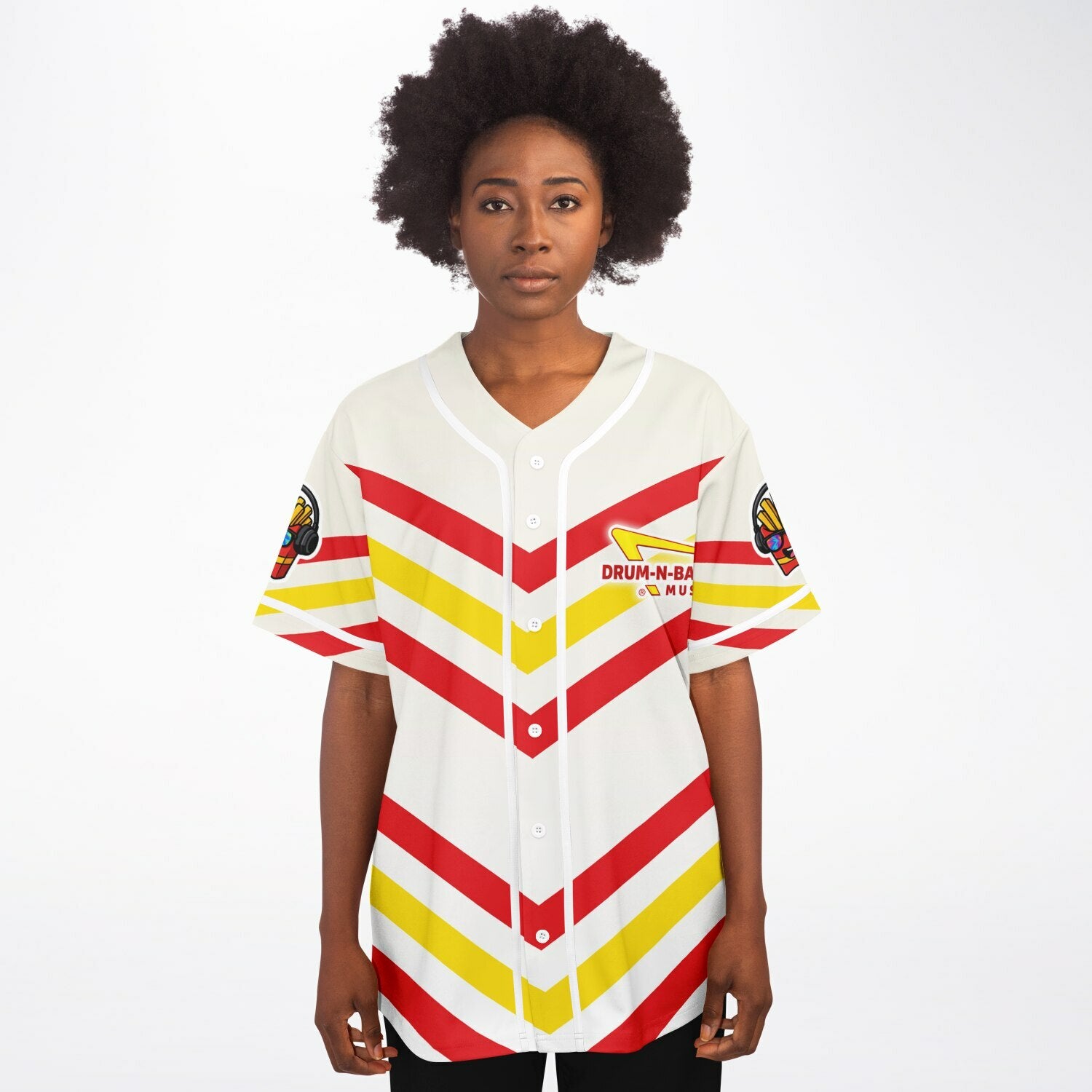 Flat front product shot of the white baseball jersey with downward-pointing red and yellow IN-N-OUT-style stripes, white piping, and a parody Drum-N-Bass arrow logo on the left chest.
