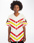 Flat front product shot of the white baseball jersey with downward-pointing red and yellow IN-N-OUT-style stripes, white piping, and a parody Drum-N-Bass arrow logo on the left chest.