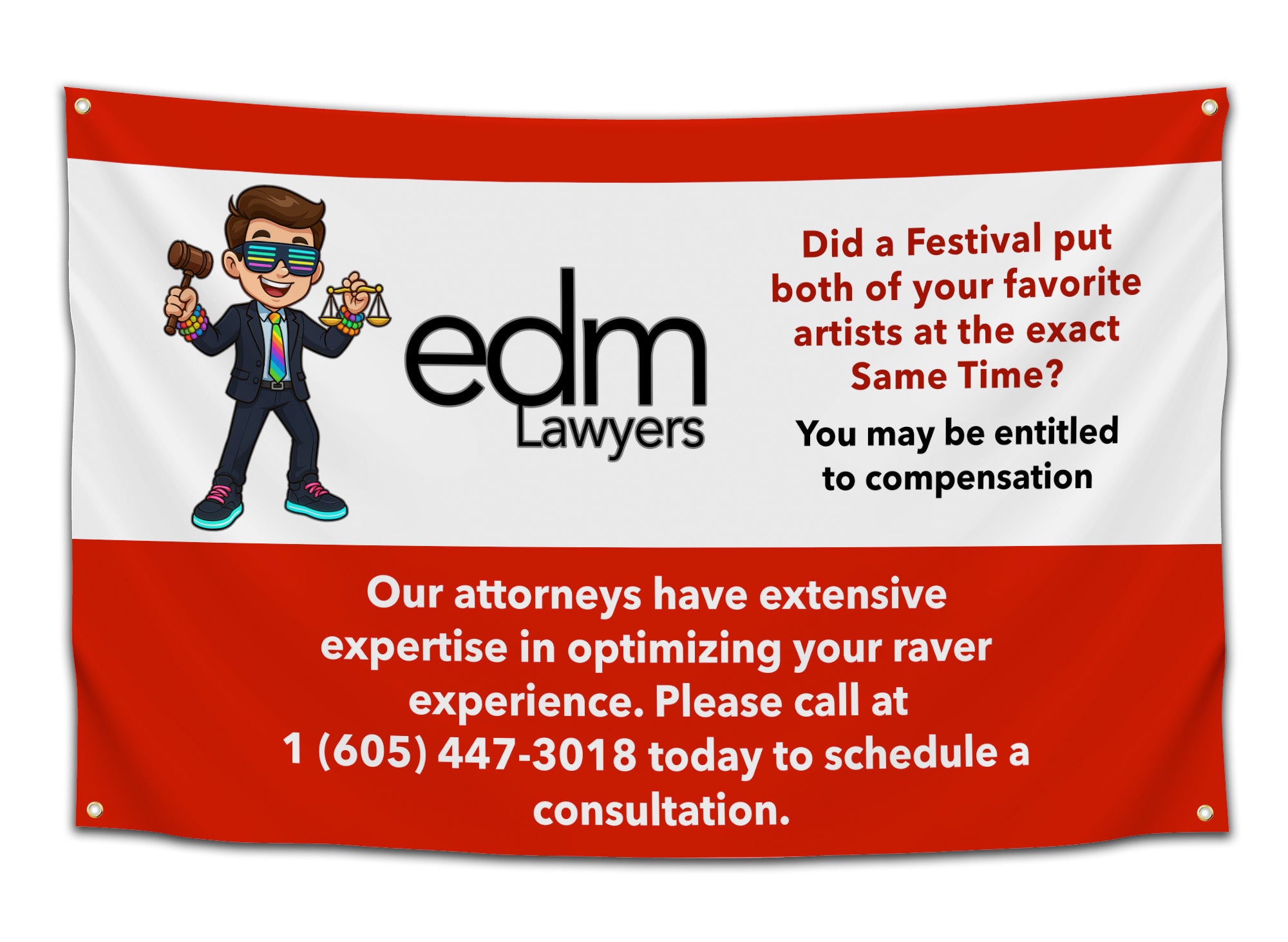 Funny red and white flag reading “EDM Lawyers” with a cartoon rave lawyer holding scales and a gavel — parody dorm flag for EDM fans and festival goers from CollegeWares.
