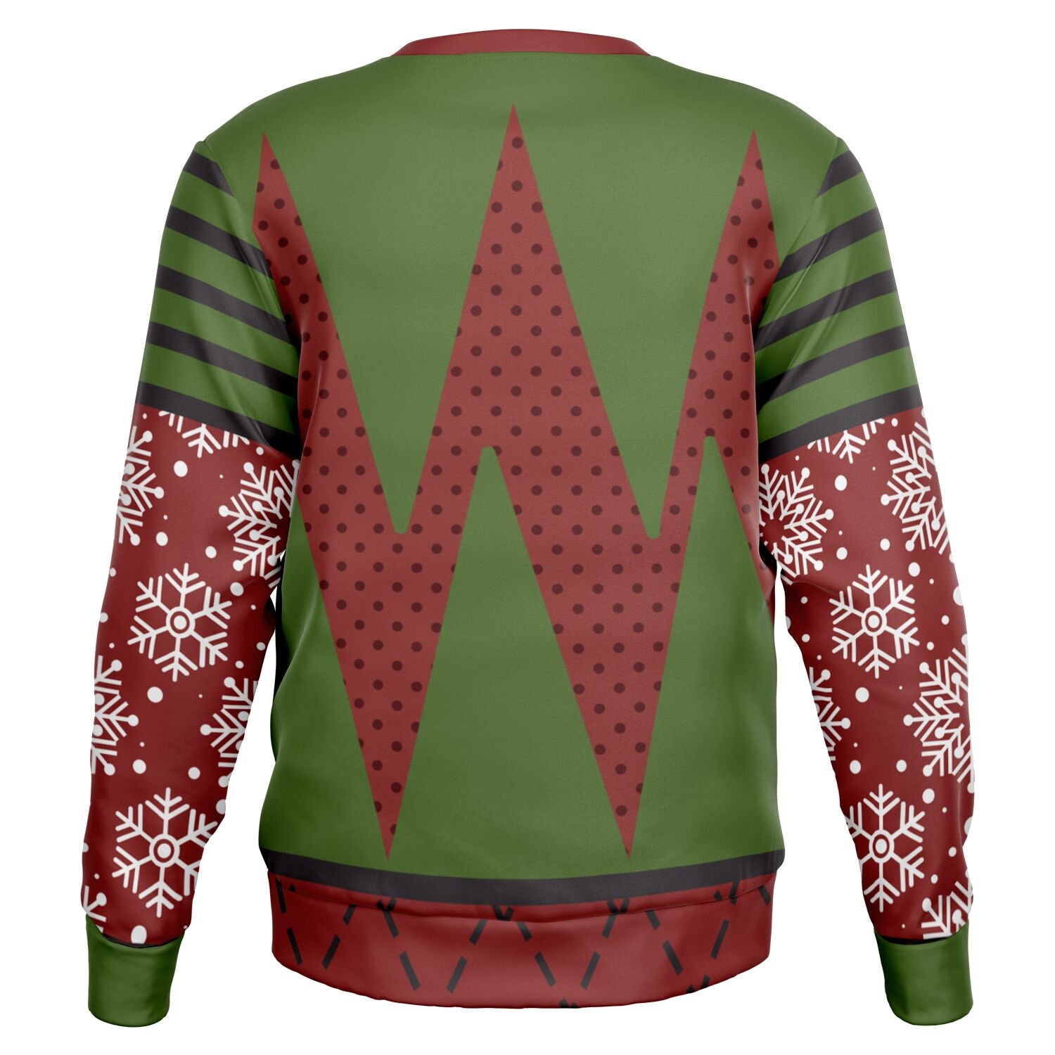 Back view of green and red holiday sweater with zigzag tree pattern and no text — festive and cheeky look from CollegeWares.