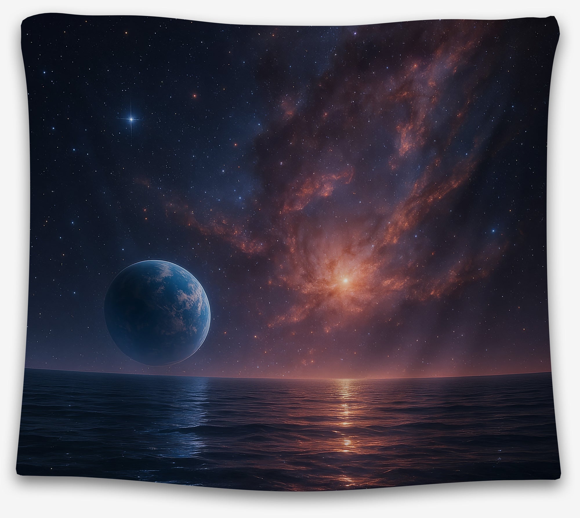 Cosmic ocean tapestry with glowing star, planet, and starlit sky, perfect galaxy dorm tapestry or surreal wall hanging by CollegeWares.