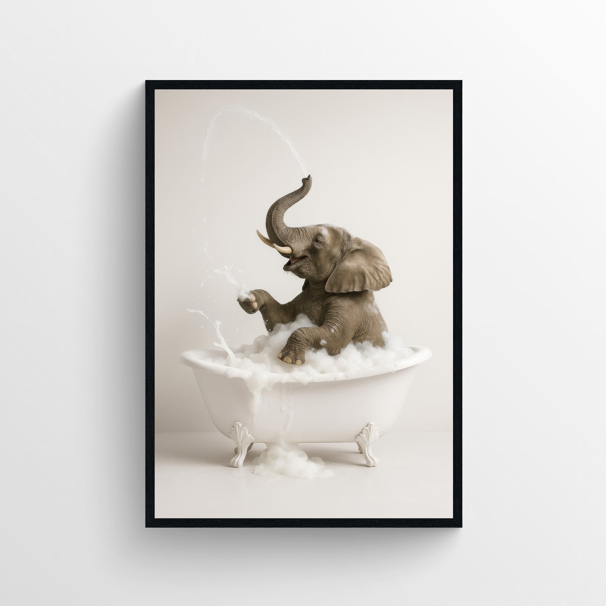 Photorealistic elephant sitting in a white clawfoot bathtub in a minimalist bathroom — funny bathroom poster with modern wall art style, clean minimalist bathroom decor, and animal wall print for apartments and dorms by CollegeWares.
