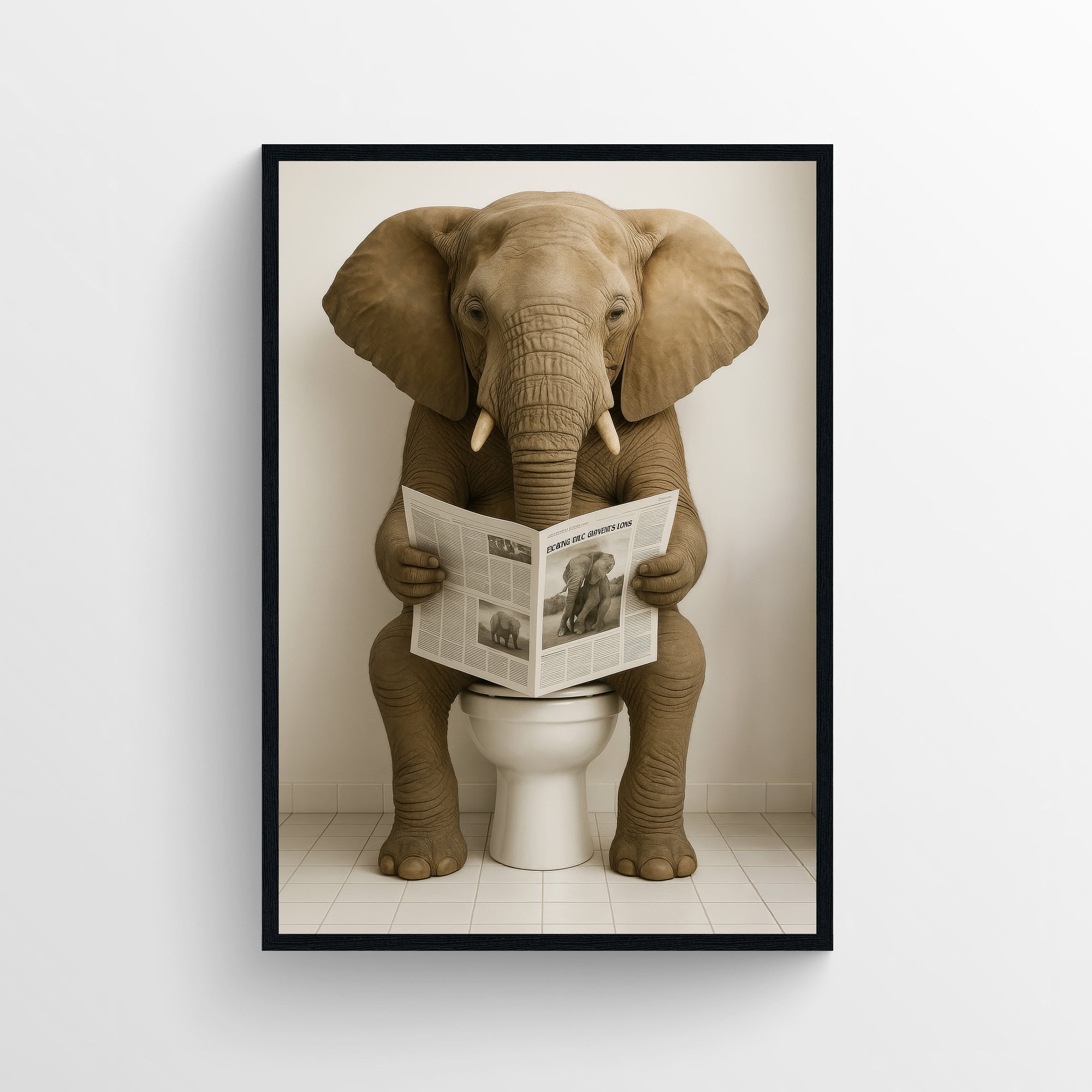 Photorealistic elephant sitting on a toilet reading a newspaper in a minimalist tiled bathroom — funny animal bathroom poster with clean neutral tones, modern wall art style, and bold humorous decor by CollegeWares.