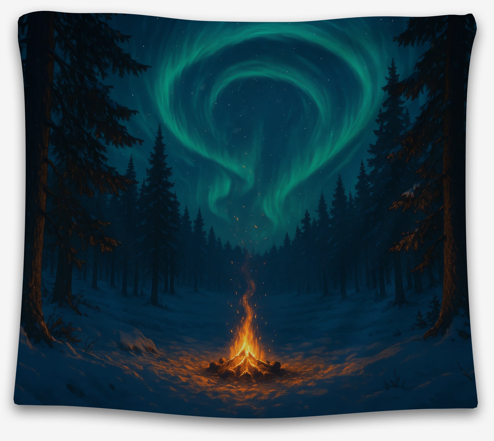 Campfire under green northern lights in a snowy pine forest, perfect cozy dorm tapestry or aurora wall hanging by CollegeWares.