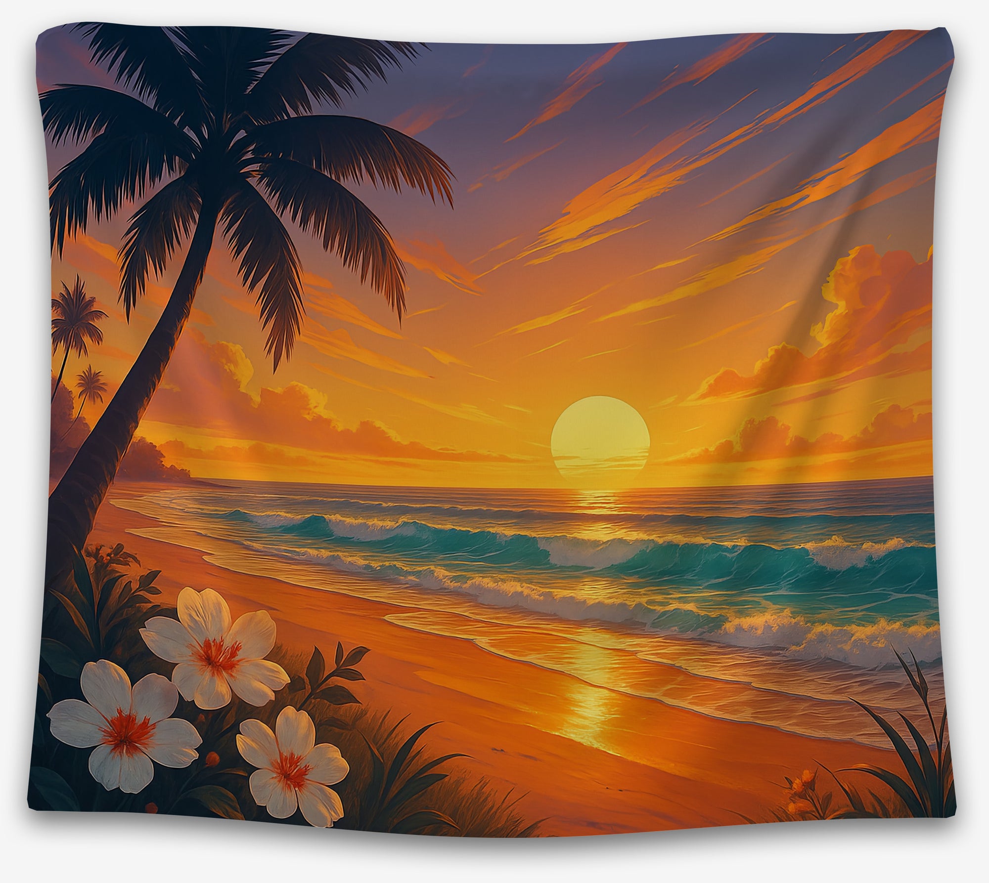 Radiant tropical beach tapestry with glowing sunset and palms — the perfect summer dorm wall art for beach lovers and chill vibes. Available now at CollegeWares.